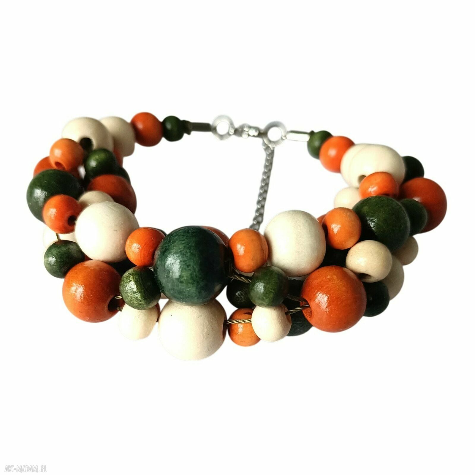 Bransoletka drewniana handmade masywna boho - zieleń, pomarańcz i krem
