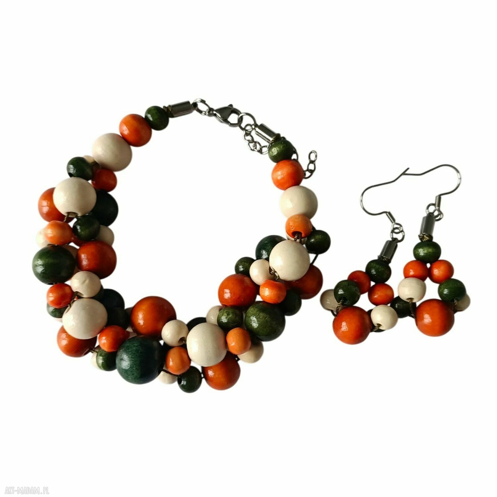 Bransoletka drewniana handmade masywna boho - zieleń, pomarańcz i krem