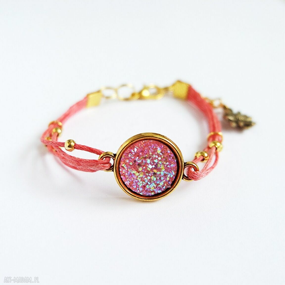 Różowa bransoletka Druzy malinowa złota - handmade dla nastolatki