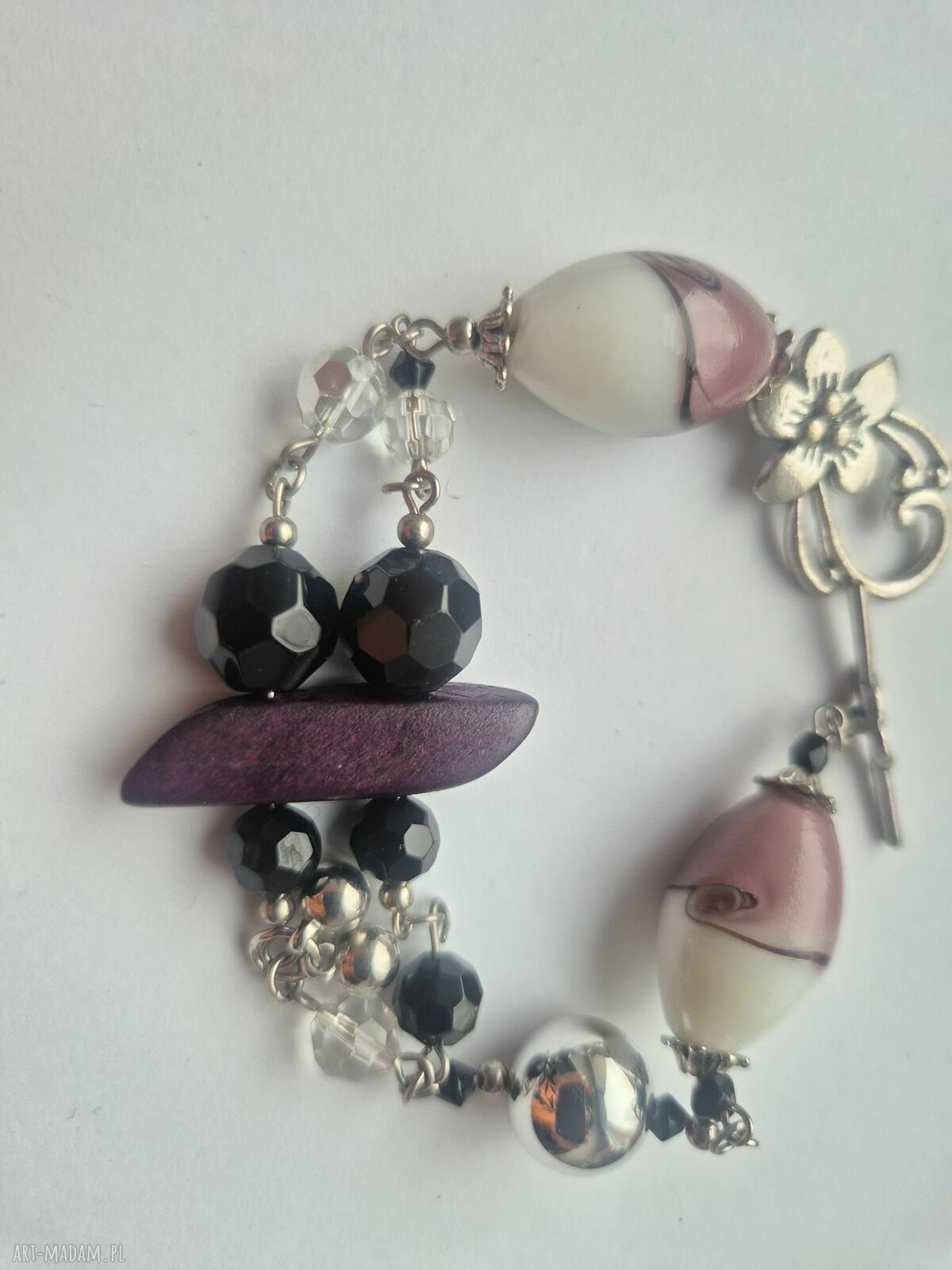 Duża bransoletka w odcieniach fioletu - boho handmade, uniwersalna