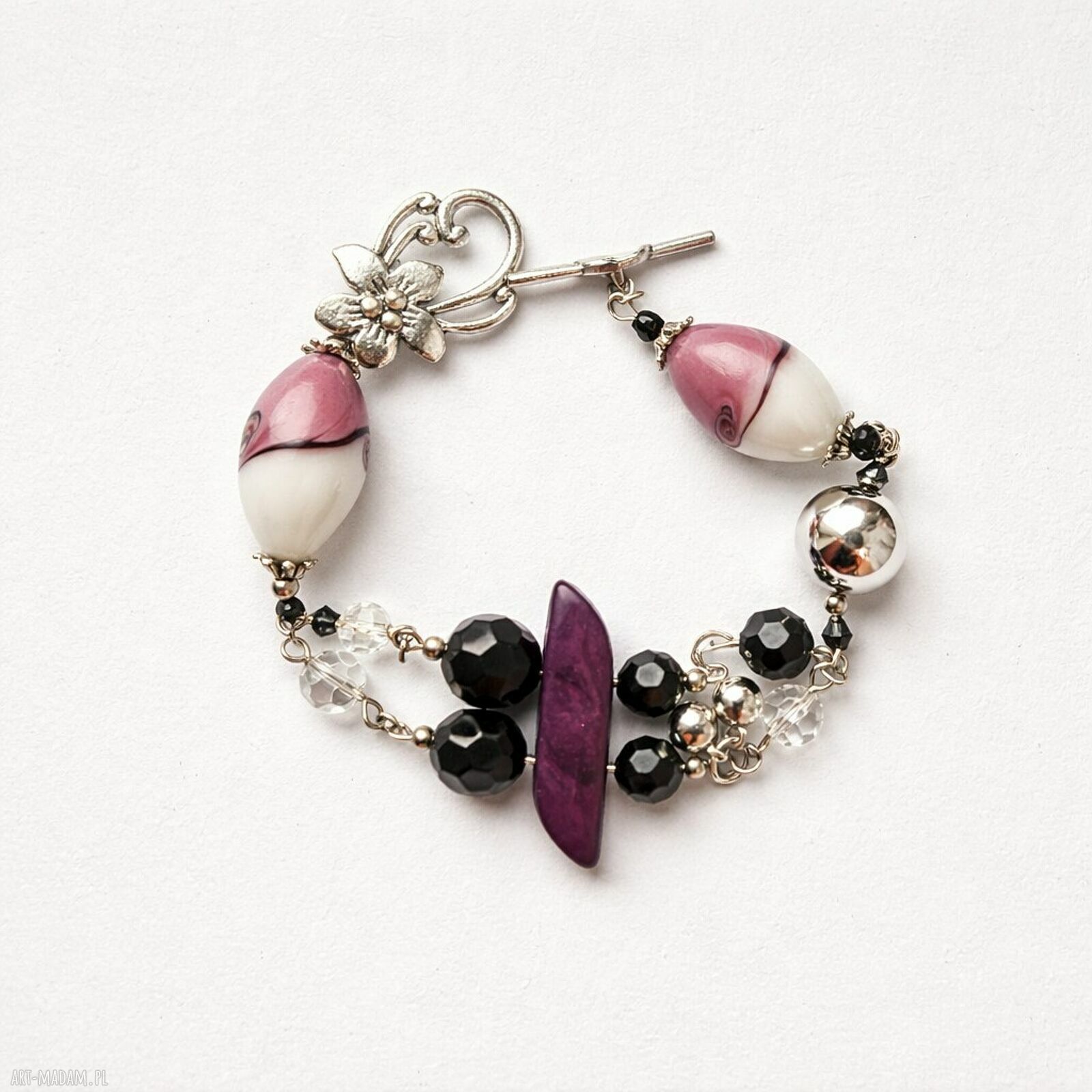 Duża bransoletka w odcieniach fioletu - boho handmade, uniwersalna