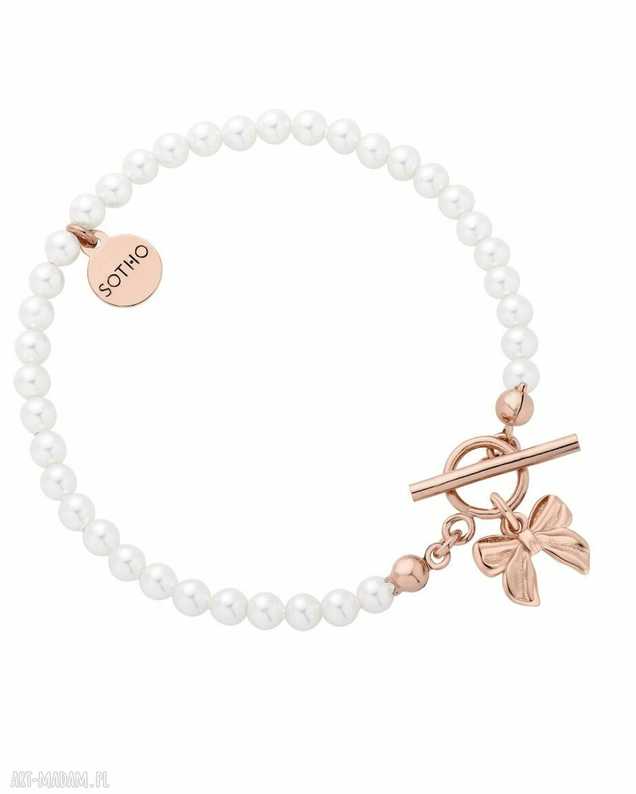 Bransoletka dziecięca z białych pereł Swarovski® Crystal i kokardką z różowego złota
