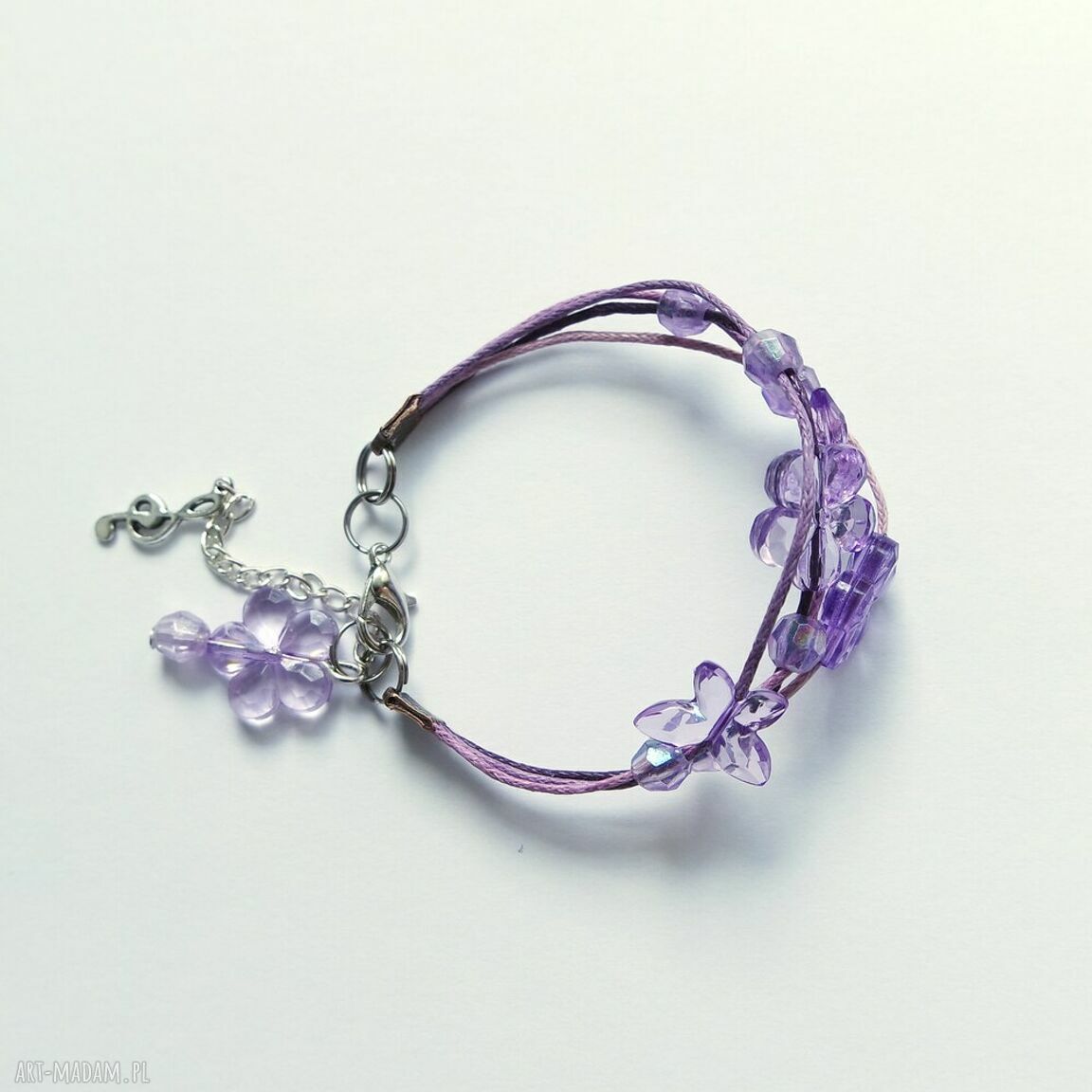 Bransoletka fioletowe motyle - sznureczki (handmade)