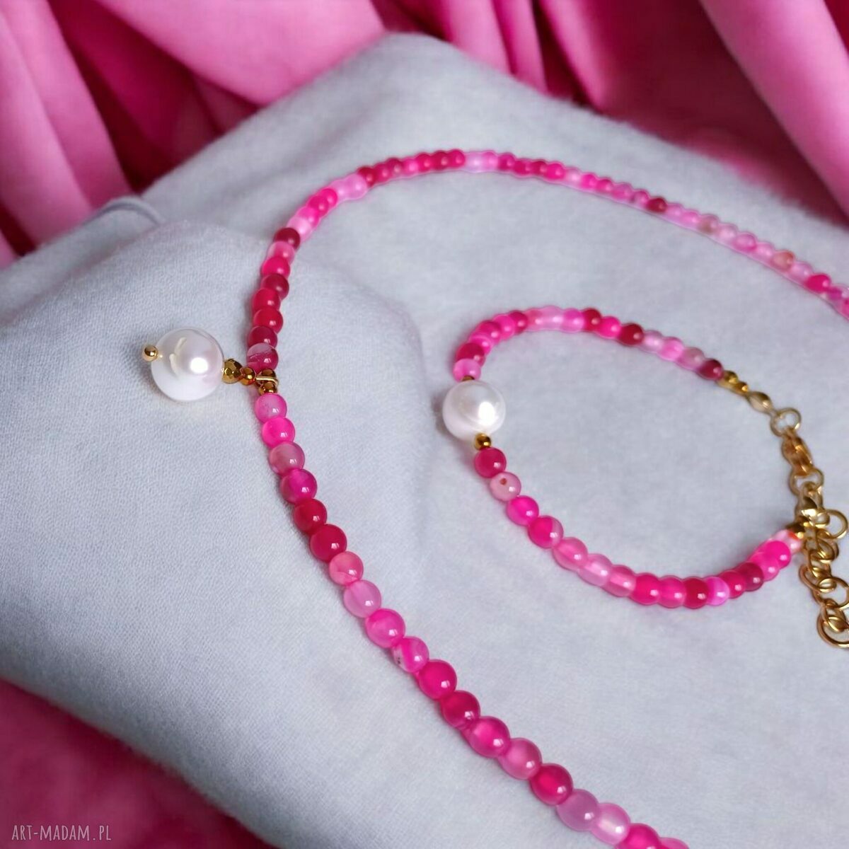 Fuchsia & Pearl - ręcznie wykonana bransoletka z agatu i perły