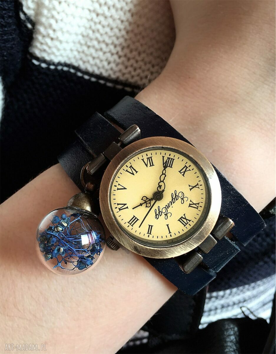 zegarki: Głęboki granat Zegarek/bransoletka na skórzanym pasku Handmade