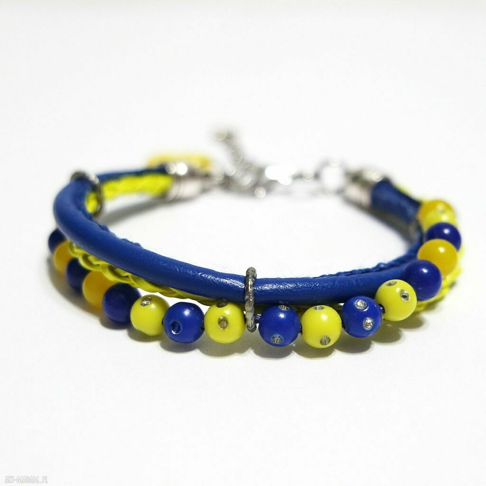 Bransoletka granatowa, żółta rzemienie - neonowa biżuteria handmade
