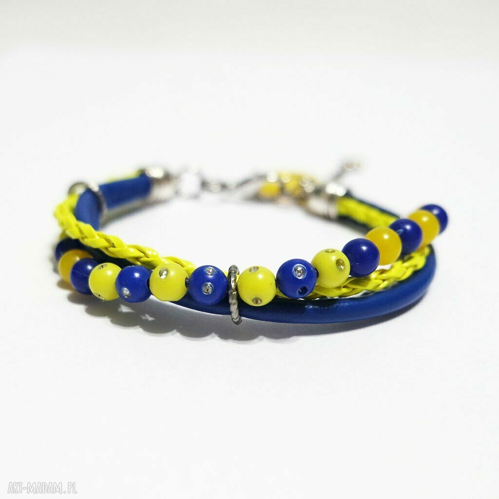 Bransoletka granatowa, żółta rzemienie - neonowa biżuteria handmade