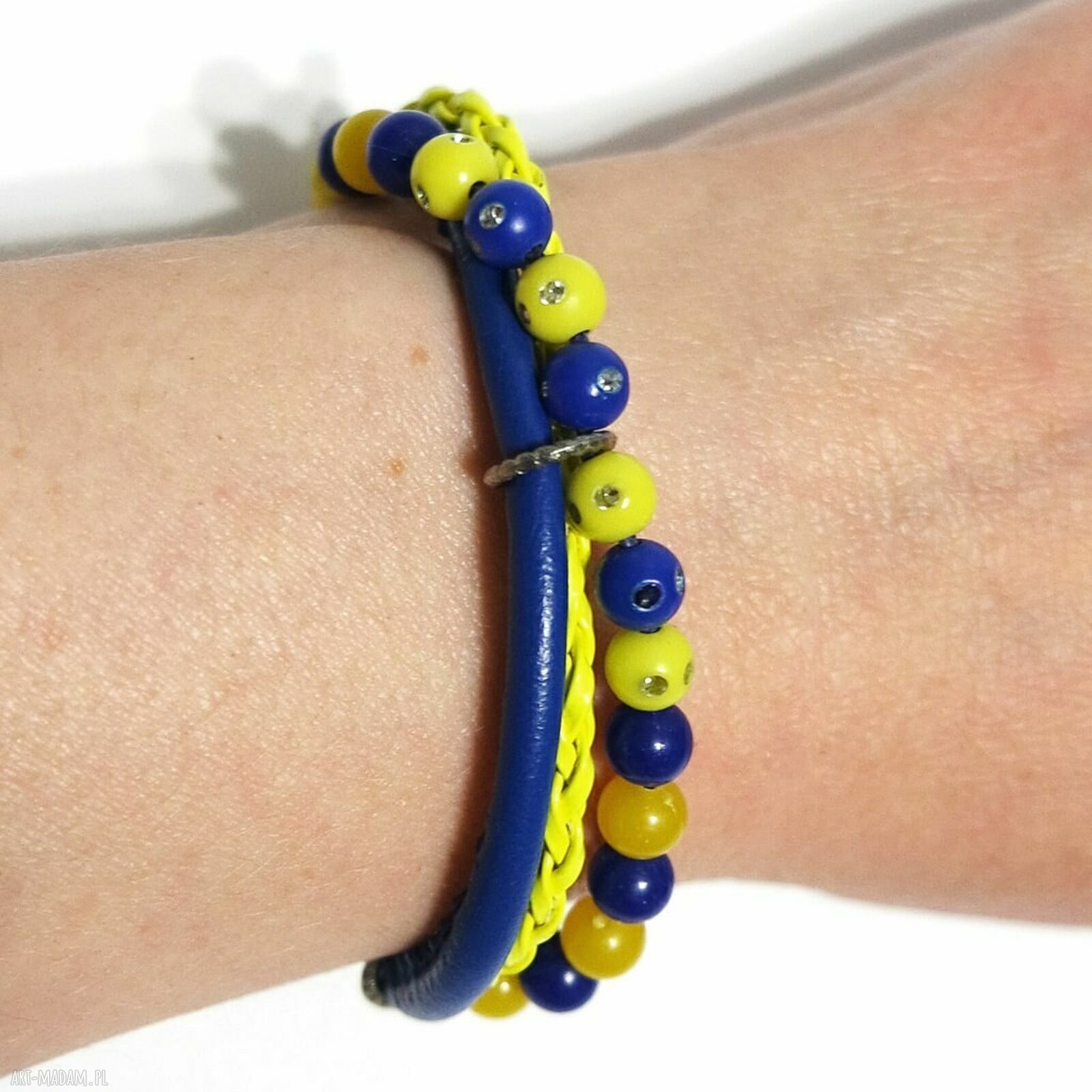 Bransoletka granatowa, żółta rzemienie - neonowa biżuteria handmade