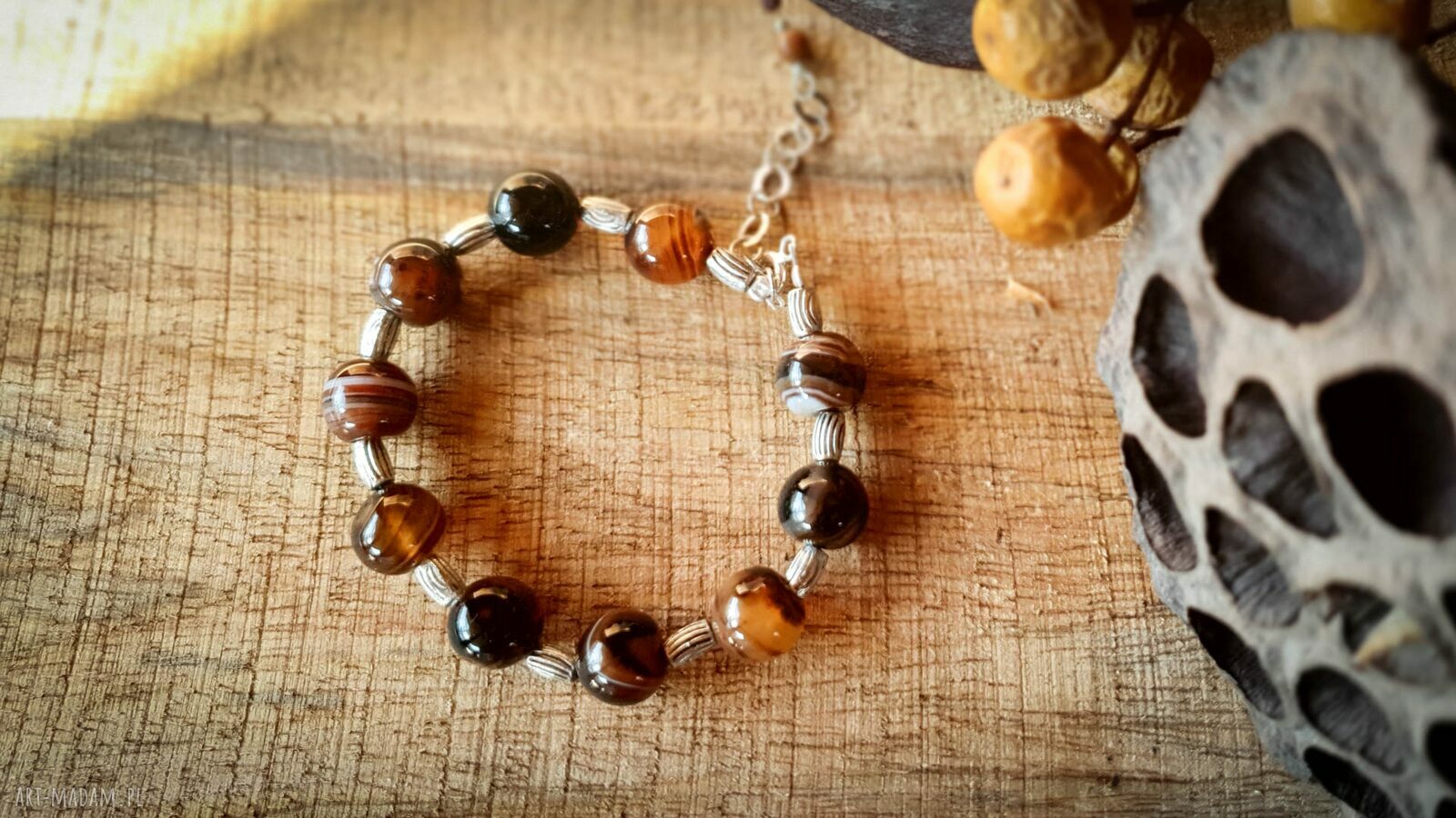 Bransoletka hand made z agatu brązowego i srebra - Malgorzata art