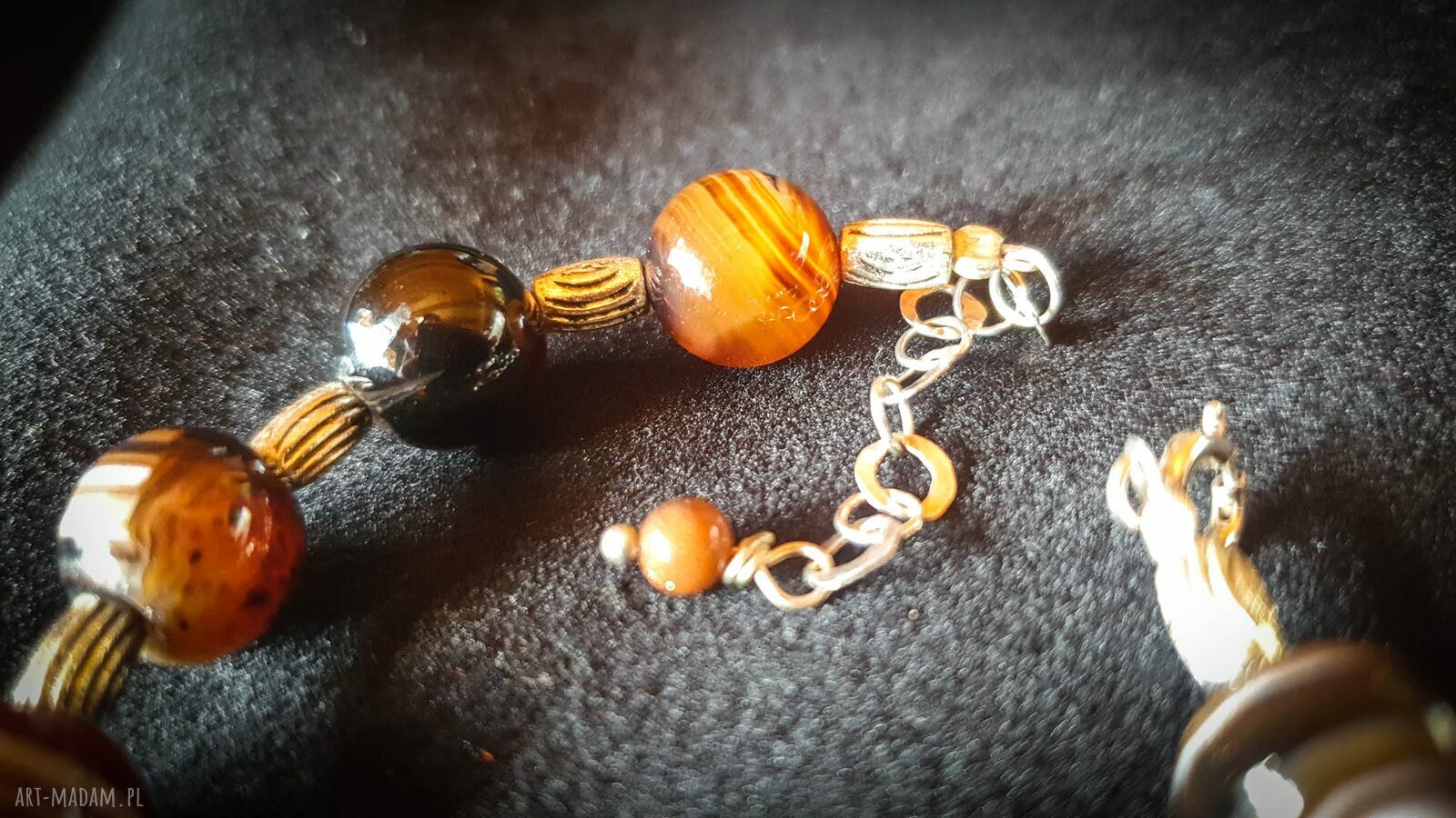 Bransoletka hand made z agatu brązowego i srebra - Malgorzata art