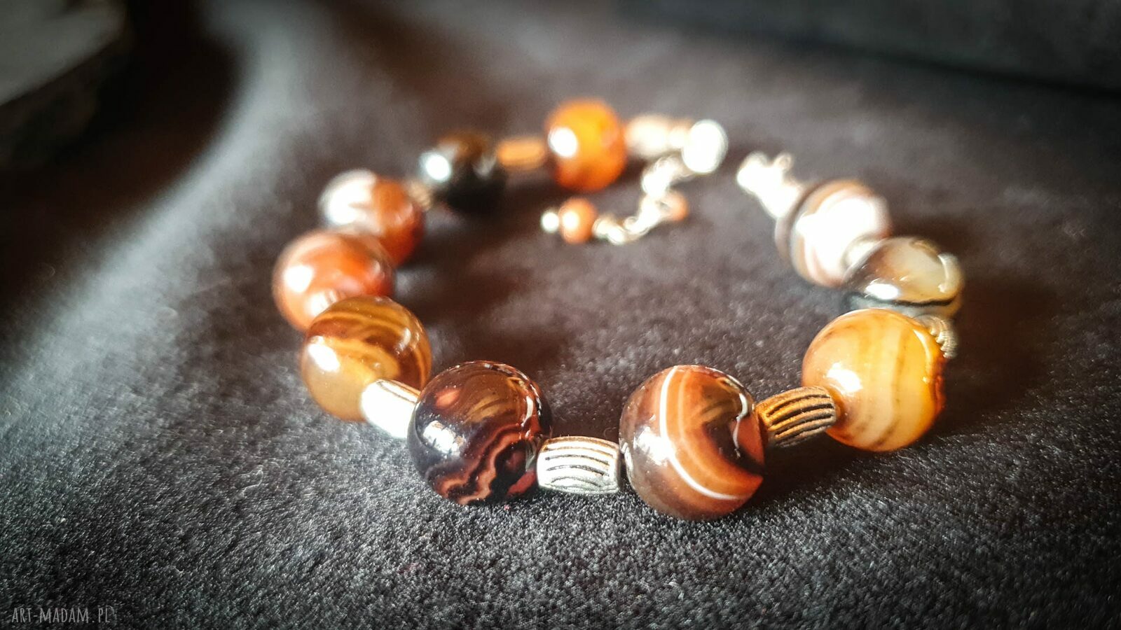 Bransoletka hand made z agatu brązowego i srebra - Malgorzata art