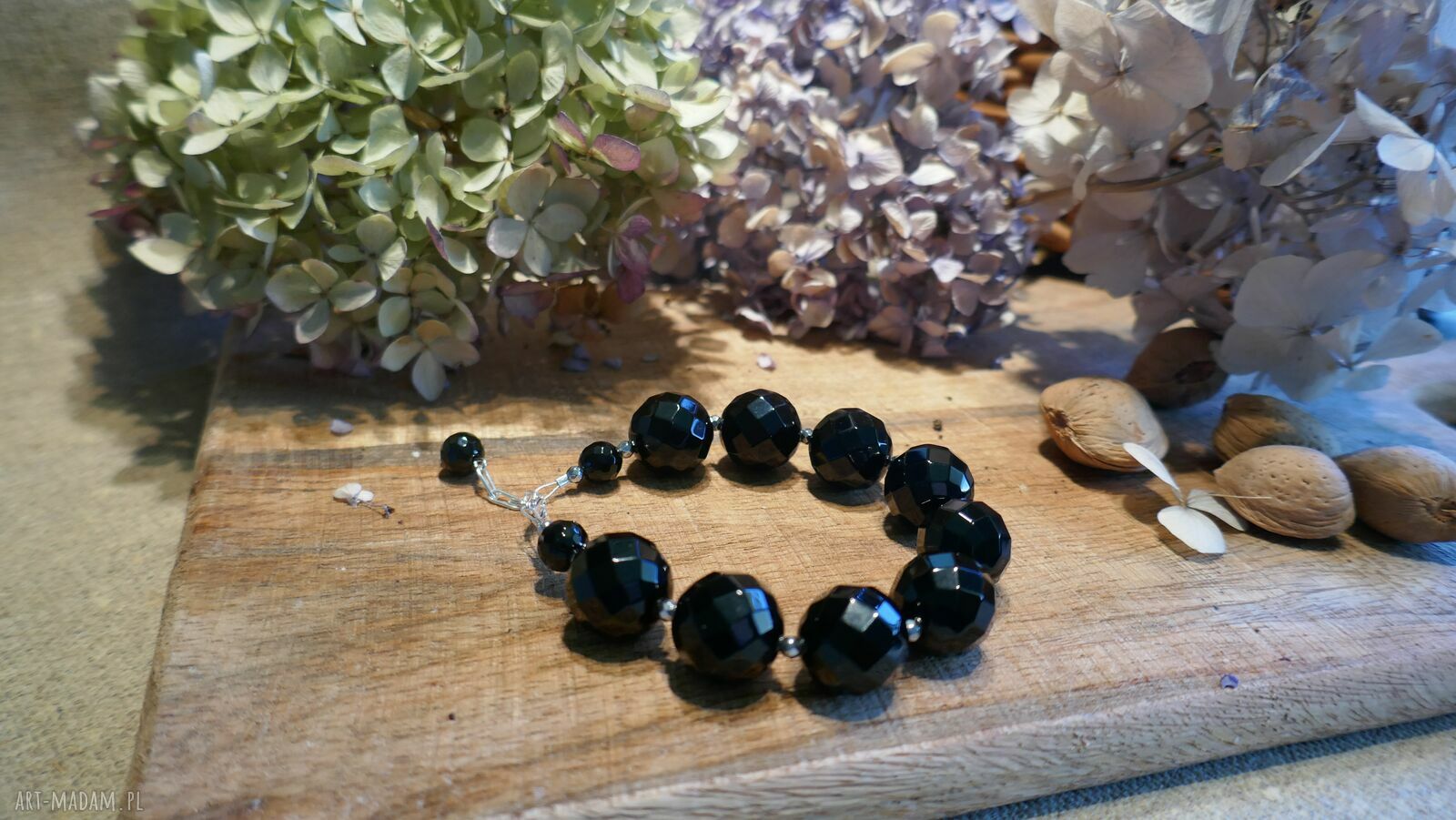 Czarna bransoletka handmade z onyksu i hematytu srebrne zapięcie