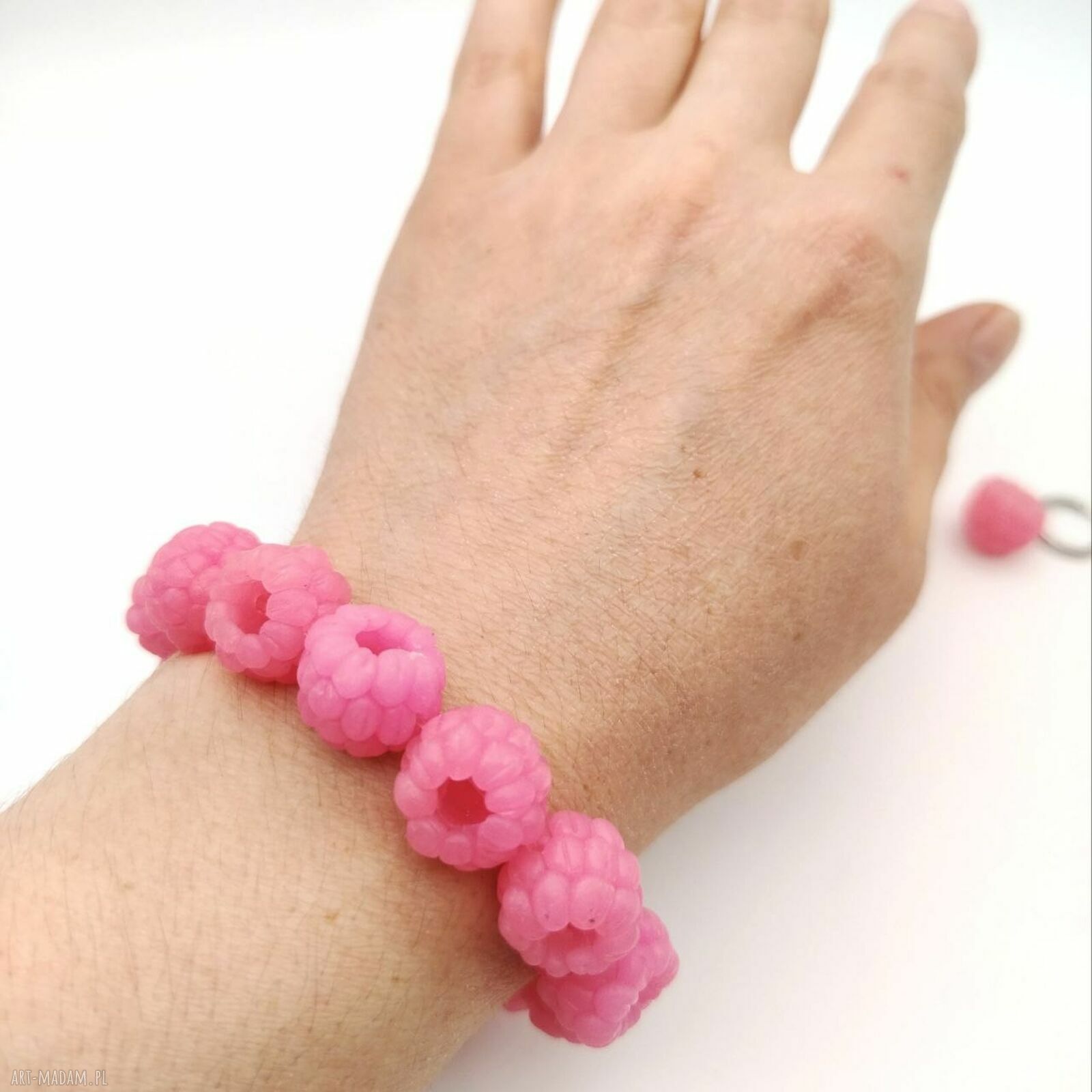 Jasnoróżowa bransoletka i kolczyki z malinami handmade