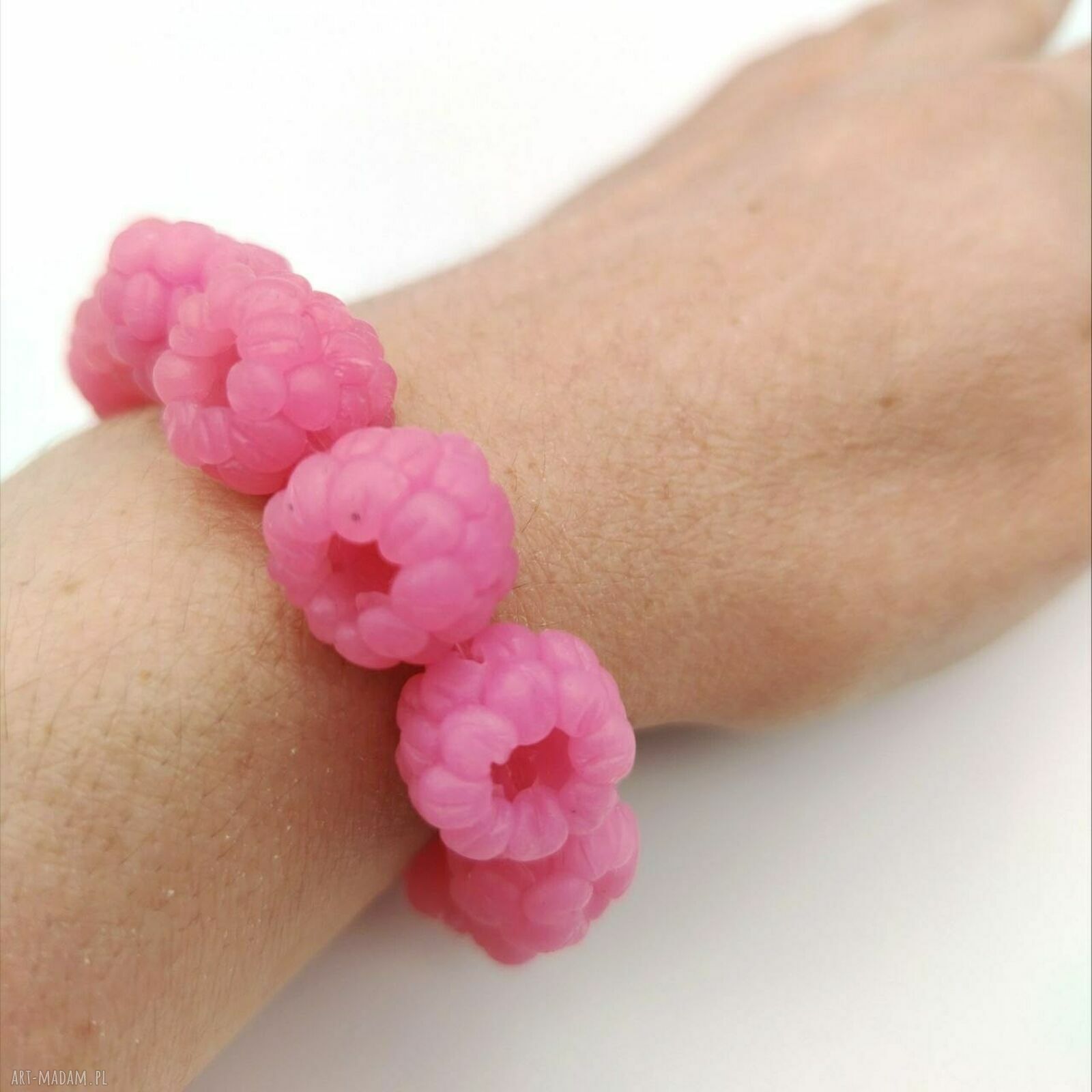 Jasnoróżowa bransoletka i kolczyki z malinami handmade