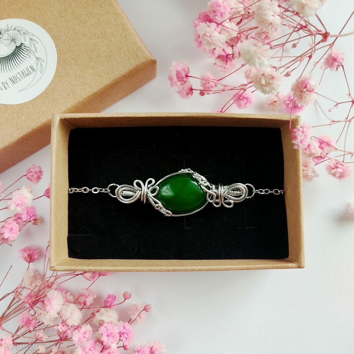 Bransoletka z zielonym jadeitem - stal chirurgiczna i wire wrapping