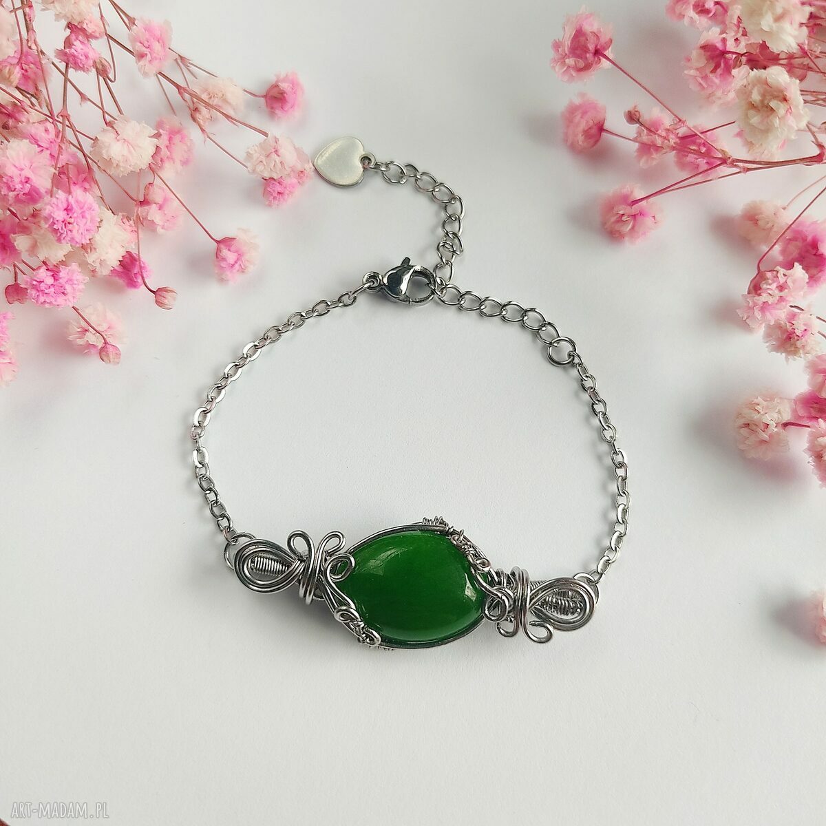 Bransoletka z zielonym jadeitem - stal chirurgiczna i wire wrapping