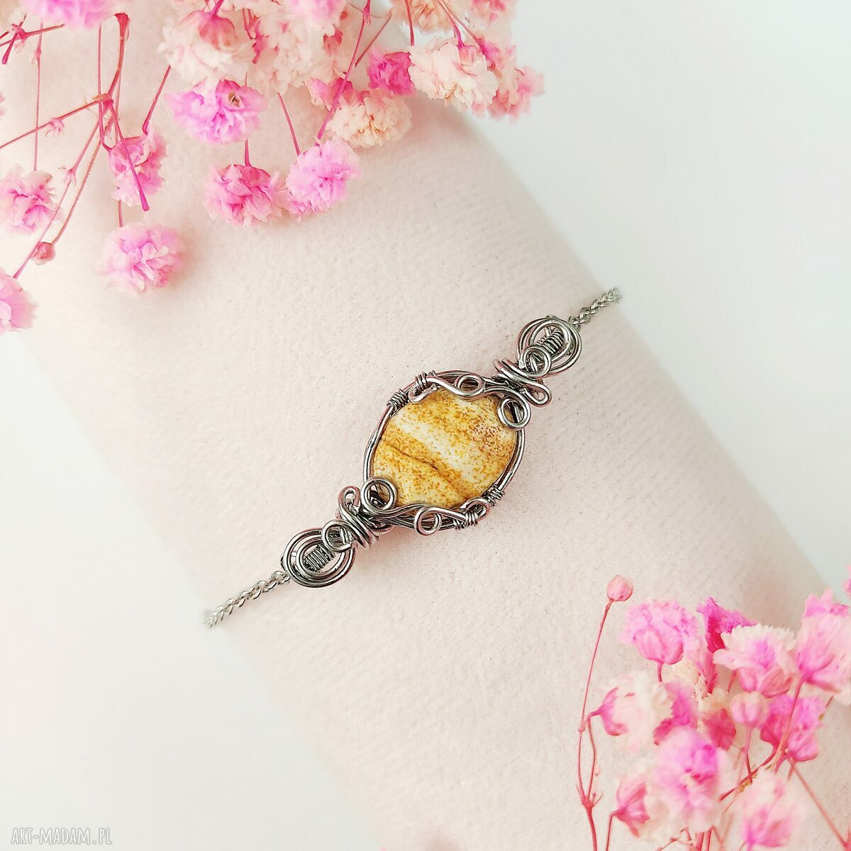 Jaspis krajobrazowy w stalowej oprawie - bransoletka handmade