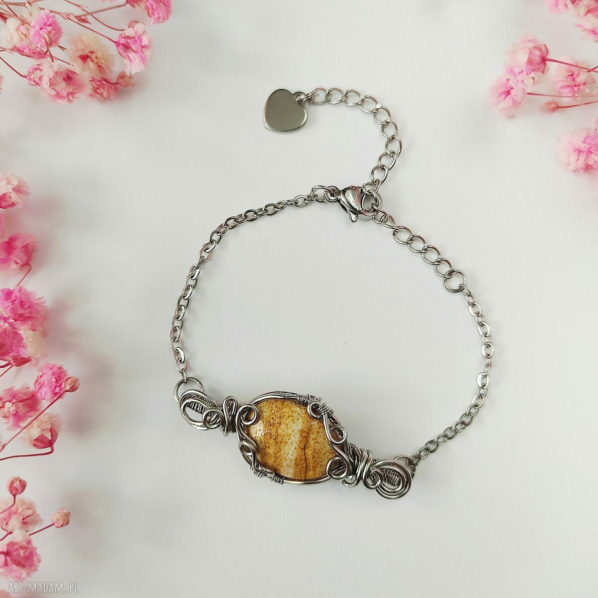 Jaspis krajobrazowy w stalowej oprawie - bransoletka handmade