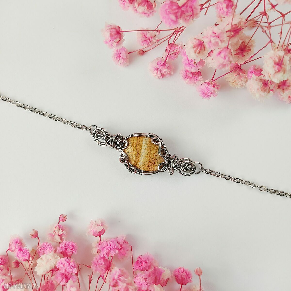 Jaspis krajobrazowy w stalowej oprawie - bransoletka handmade