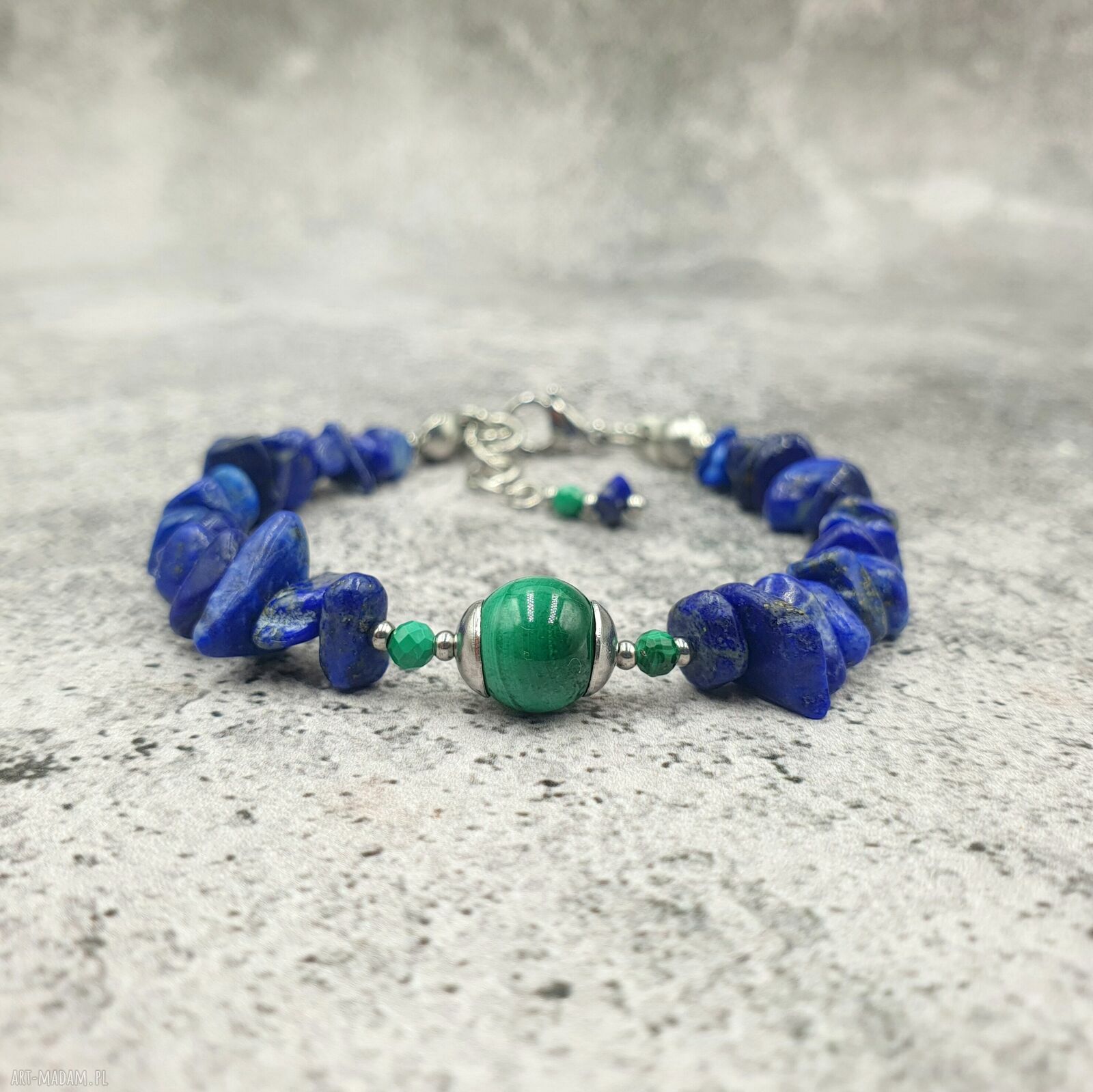 Bransoletka kobaltowa z lapis-lazuli i malachitem - regulowana ze stali szlachetnej