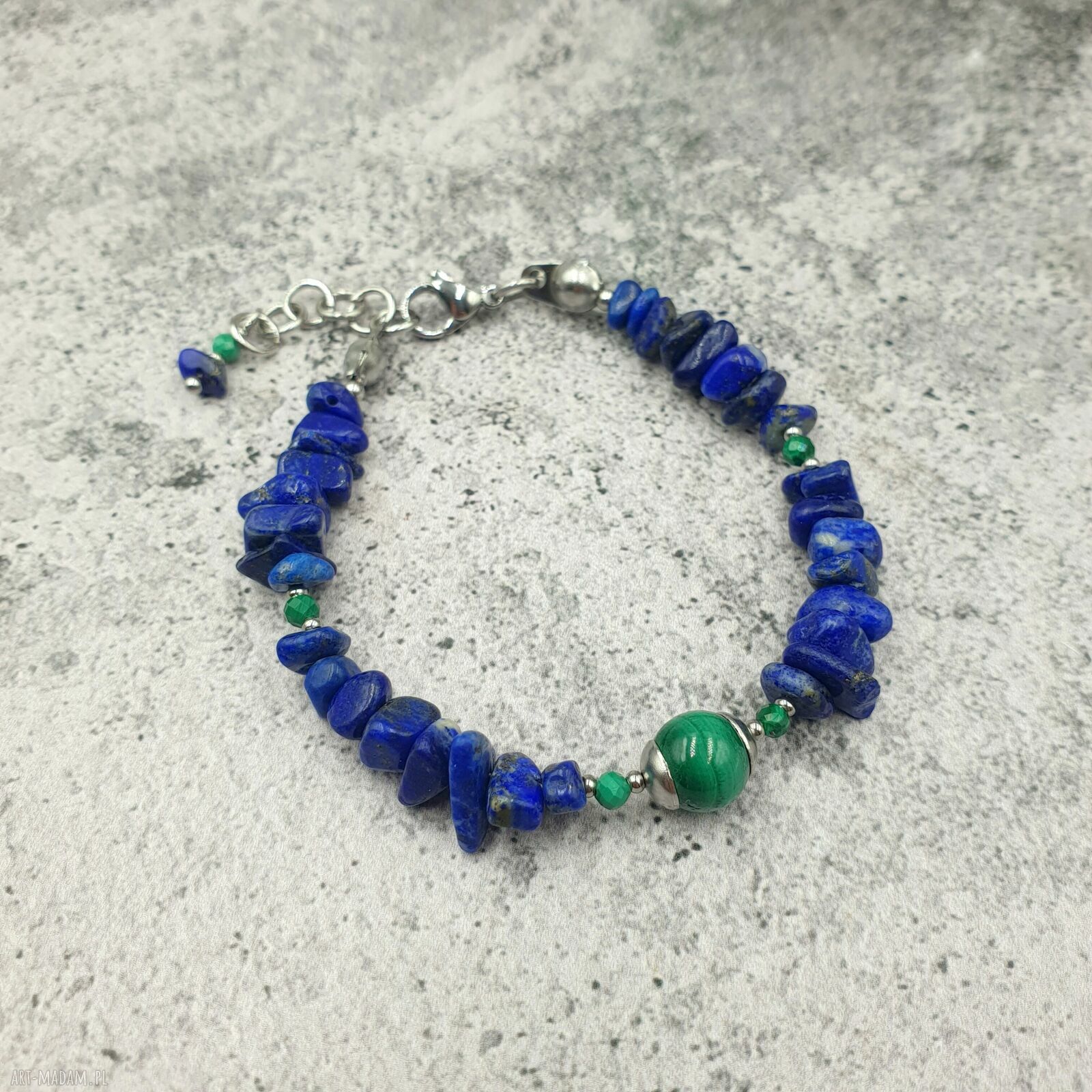 Bransoletka kobaltowa z lapis-lazuli i malachitem - regulowana ze stali szlachetnej