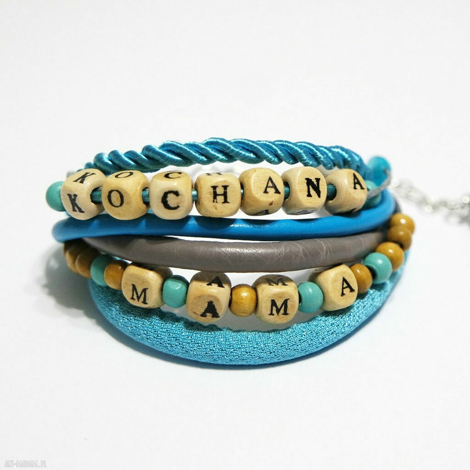 Bransoletka Kochana Mama - rzemienie i drewniane koraliki
