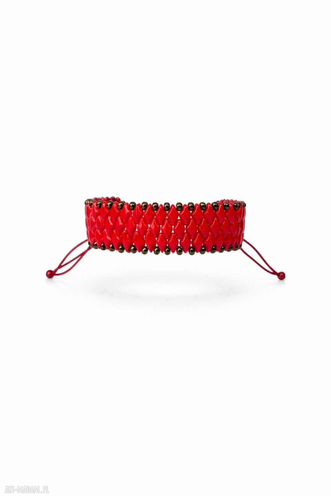 Bransoletka z koralików GemDuo - intensywna czerwień i złoto, szeroki cuff handmade
