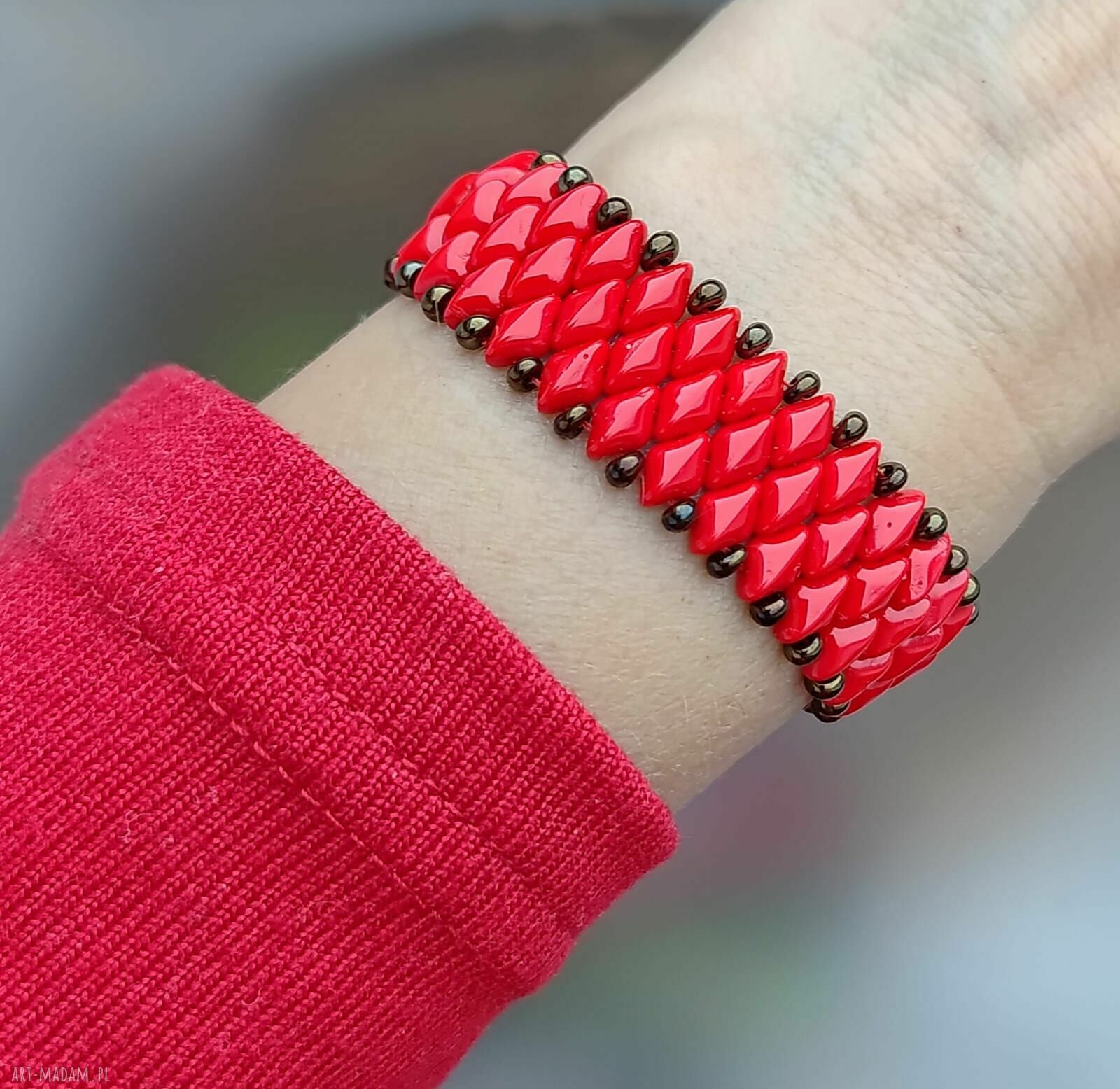 Bransoletka z koralików GemDuo - intensywna czerwień i złoto, szeroki cuff (handmade)