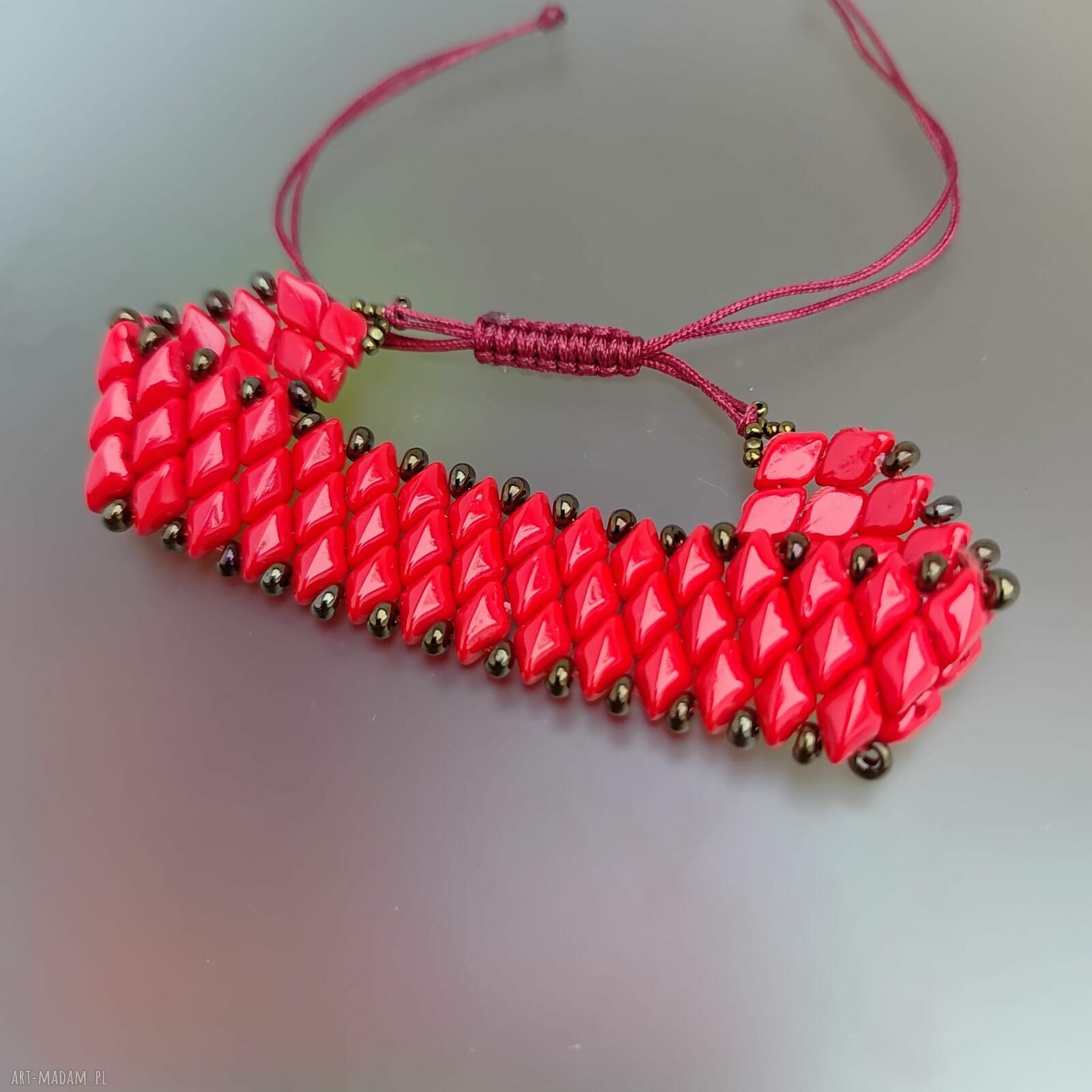 Bransoletka z koralików GemDuo - intensywna czerwień i złoto, szeroki cuff (handmade)