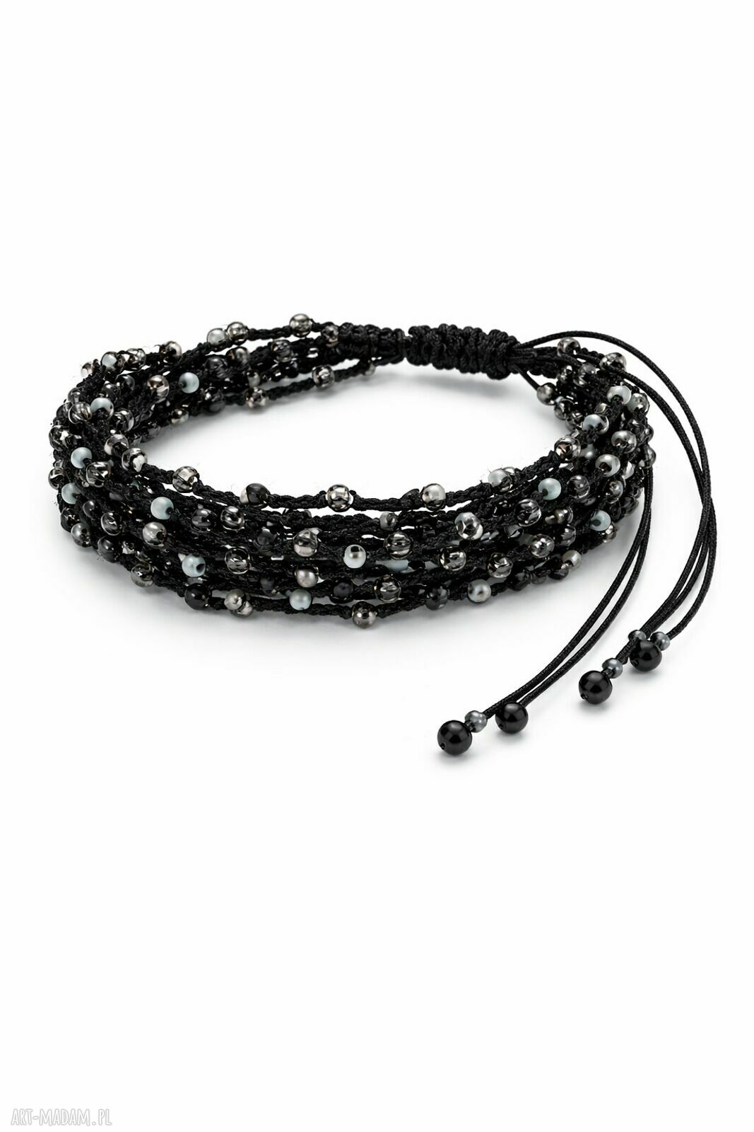 Bransoletka Koraliki Szare Czarna Mgiełka - handmade na czarnej nici