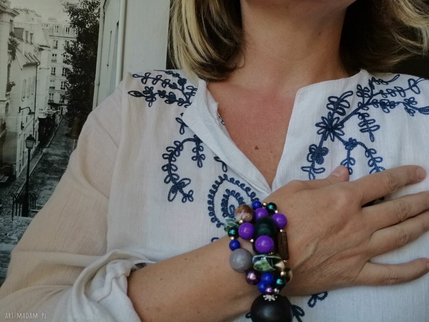 Duża bransoletka koralikowa Boho w fioletach i turkusie - uniwersalny rozmiar