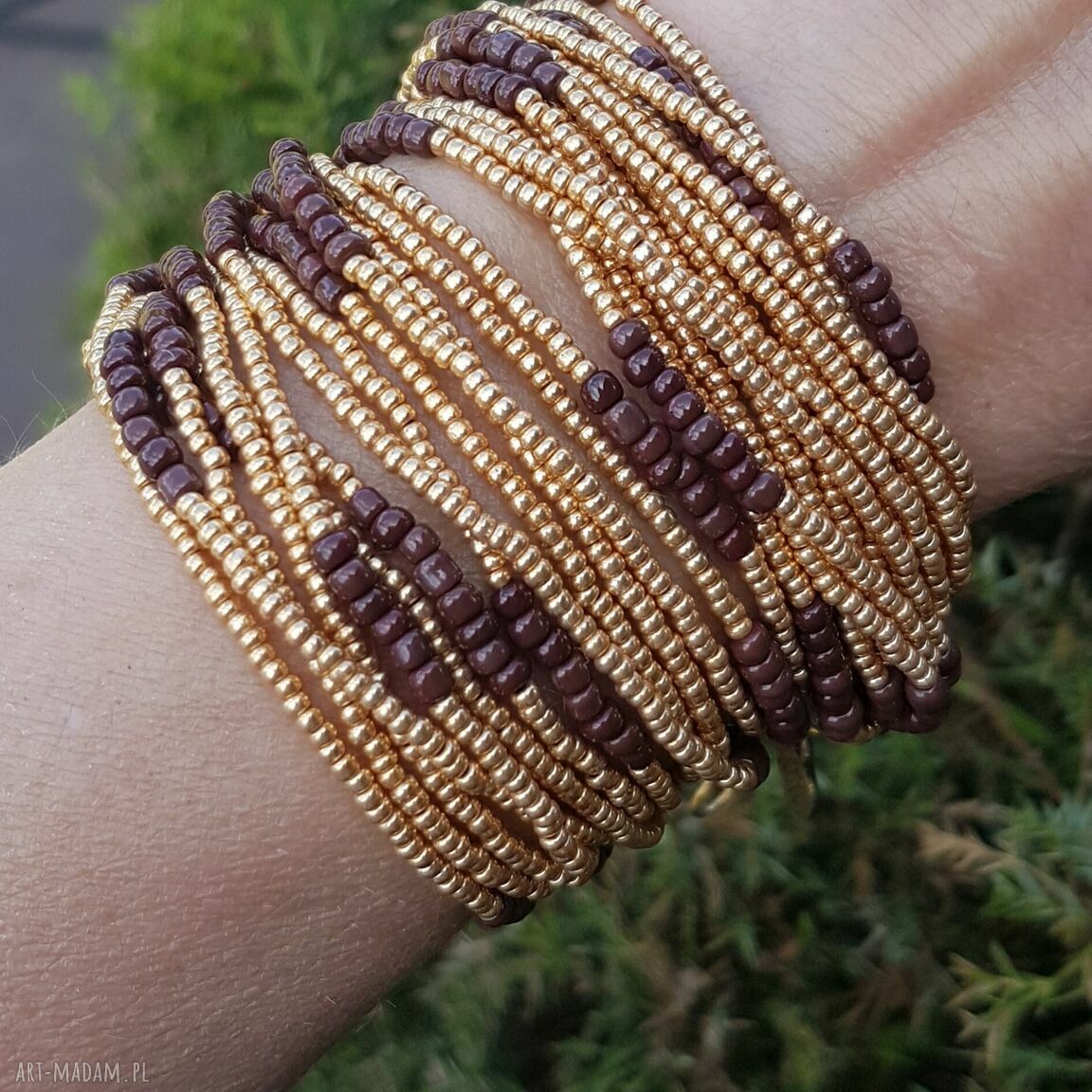 Bransoletka koralikowa owijka z zapięciem - brąz i złoto (16-18 cm)