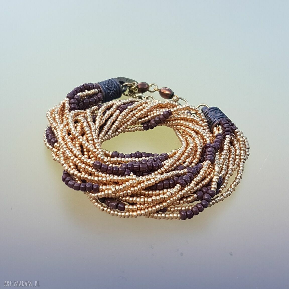 Bransoletka koralikowa owijka z zapięciem - brąz i złoto (16-18 cm)