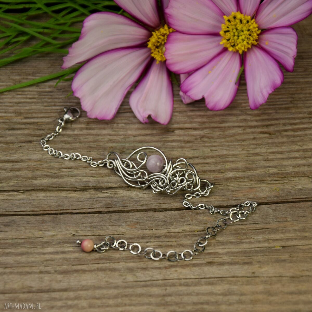 Ręcznie robiona bransoletka z kunzytem - wire wrapping ze stali chirurgicznej