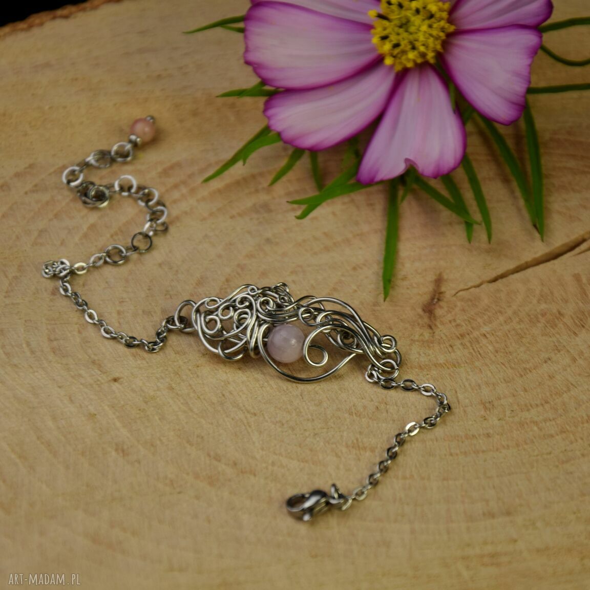 Ręcznie robiona bransoletka z kunzytem - wire wrapping ze stali chirurgicznej