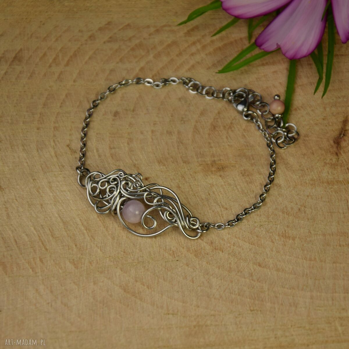 Ręcznie robiona bransoletka z kunzytem - wire wrapping ze stali chirurgicznej