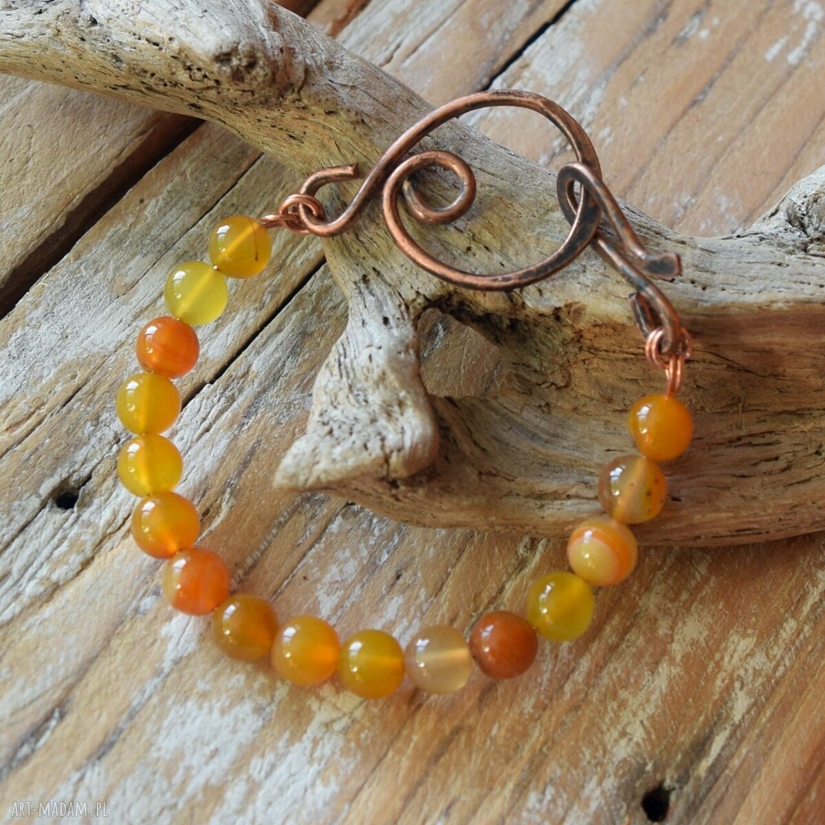 Bransoletka z kutej oksydowanej miedzi i barwionego agatu - handmade unikat