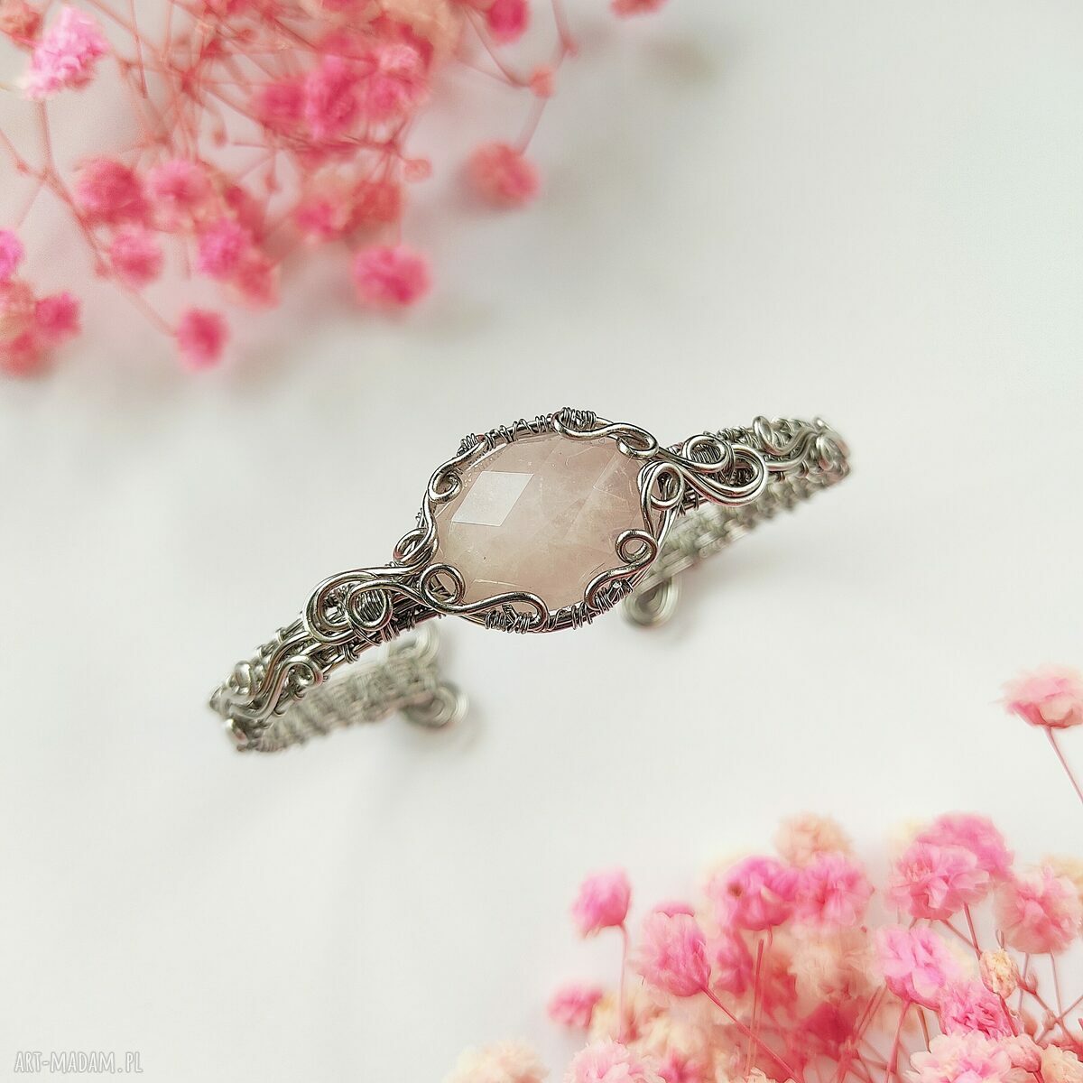 Bransoletka z Kwarcem Różowym - sztywna stal chirurgiczna handmade (wire wrapping)