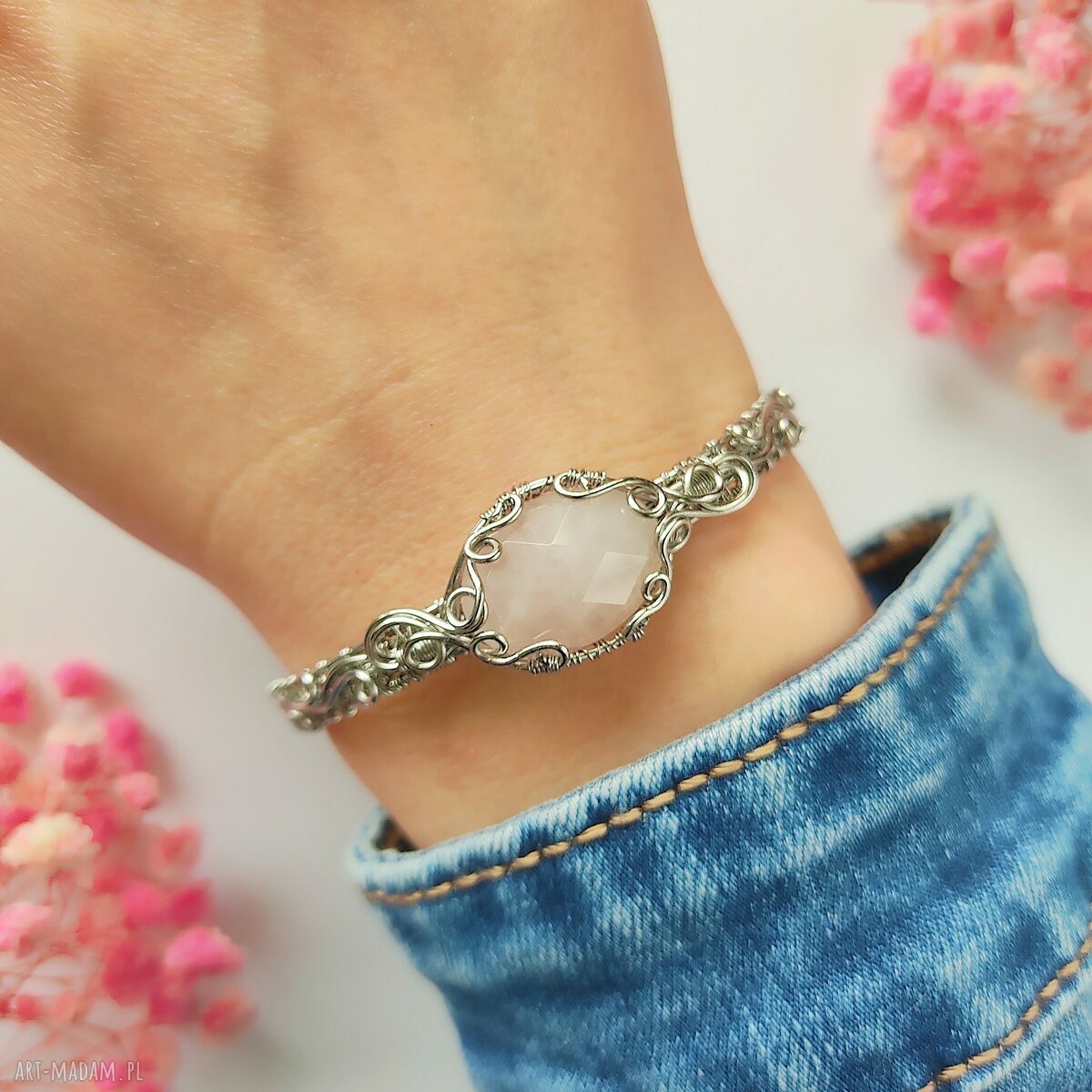 Bransoletka z Kwarcem Różowym - sztywna stal chirurgiczna handmade wire wrapping