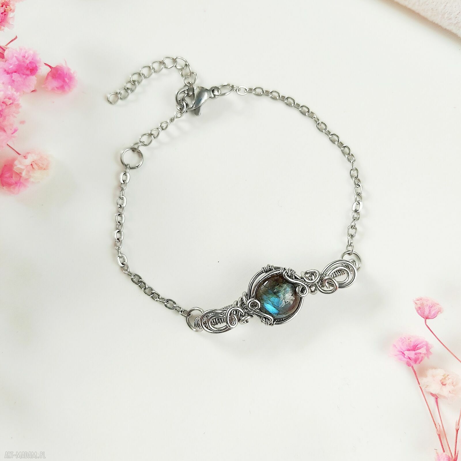 Bransoletka z labradorytem ze stali chirurgicznej - handmade wire wrapping