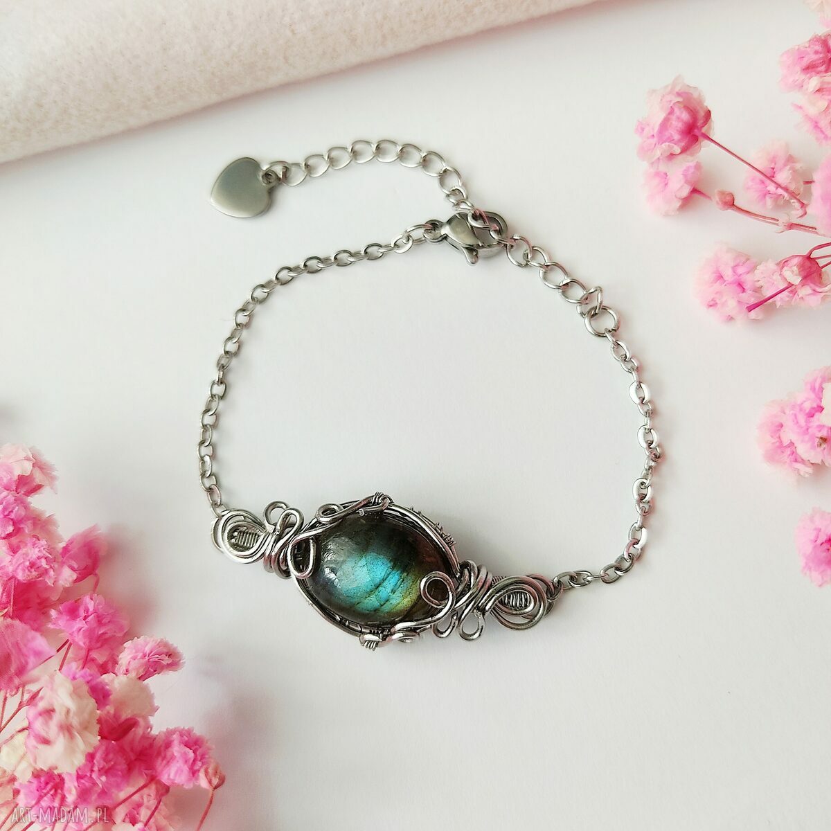 Bransoletka Labradoryt ze stali chirurgicznej - handmade wire wrapping, regulowana