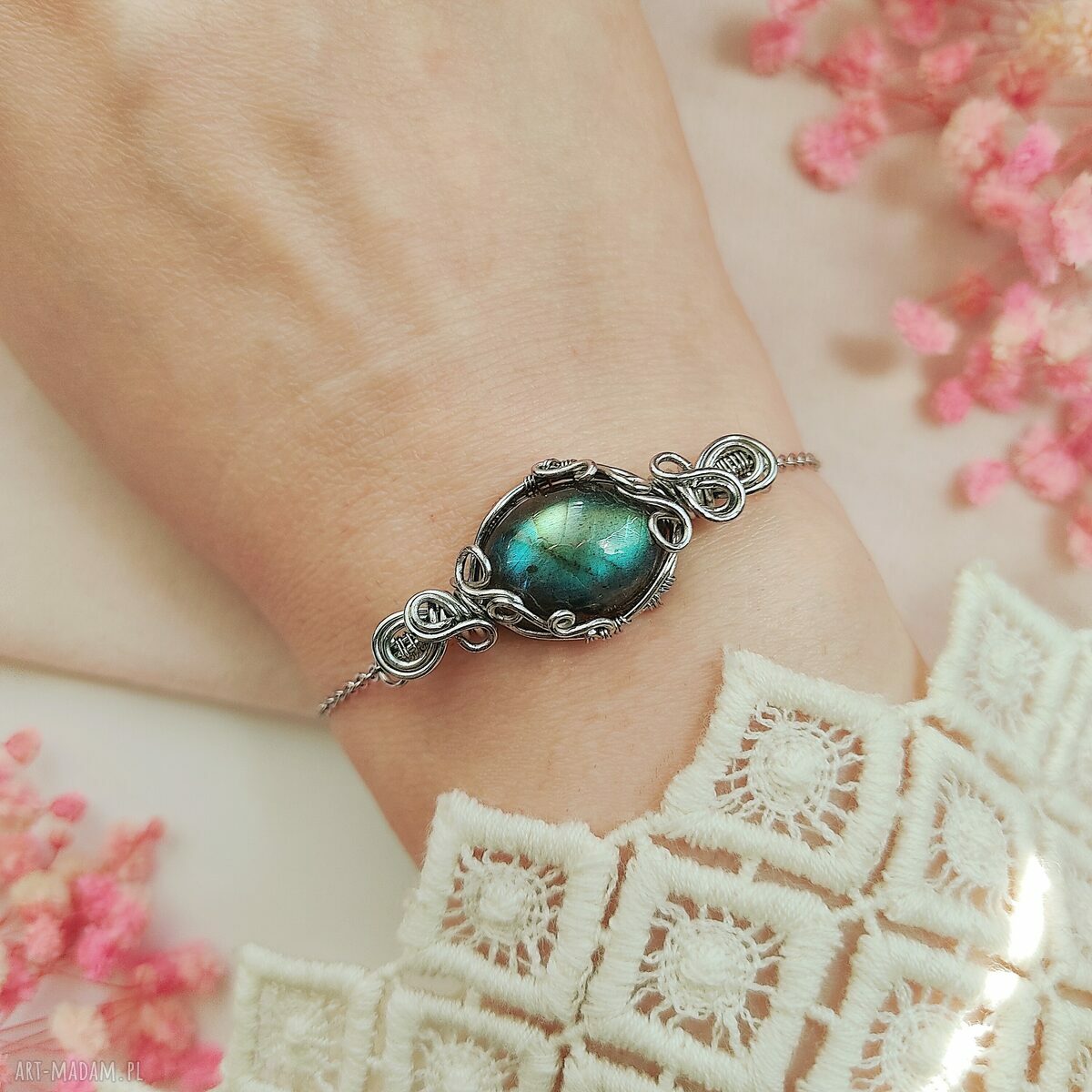 Bransoletka z labradorytem ze stali chirurgicznej - handmade wire wrapping