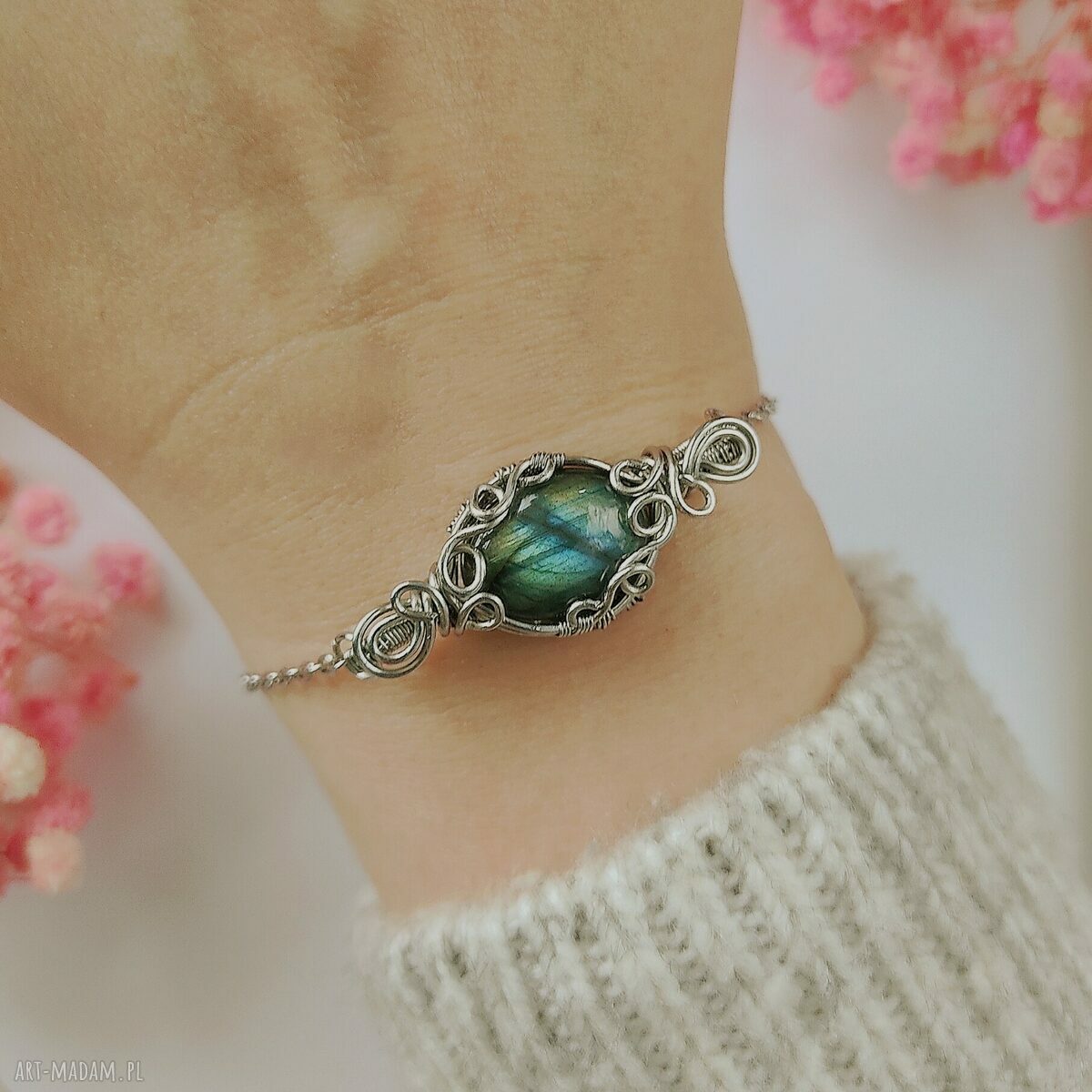 Bransoletka z labradorytem i stali chirurgicznej - handmade wire wrapping