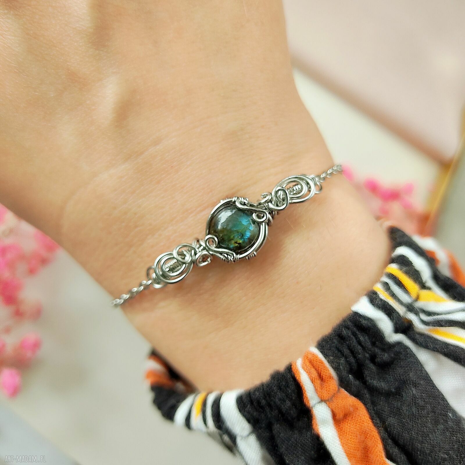 Bransoletka z labradorytem ze stali chirurgicznej - handmade wire wrapping