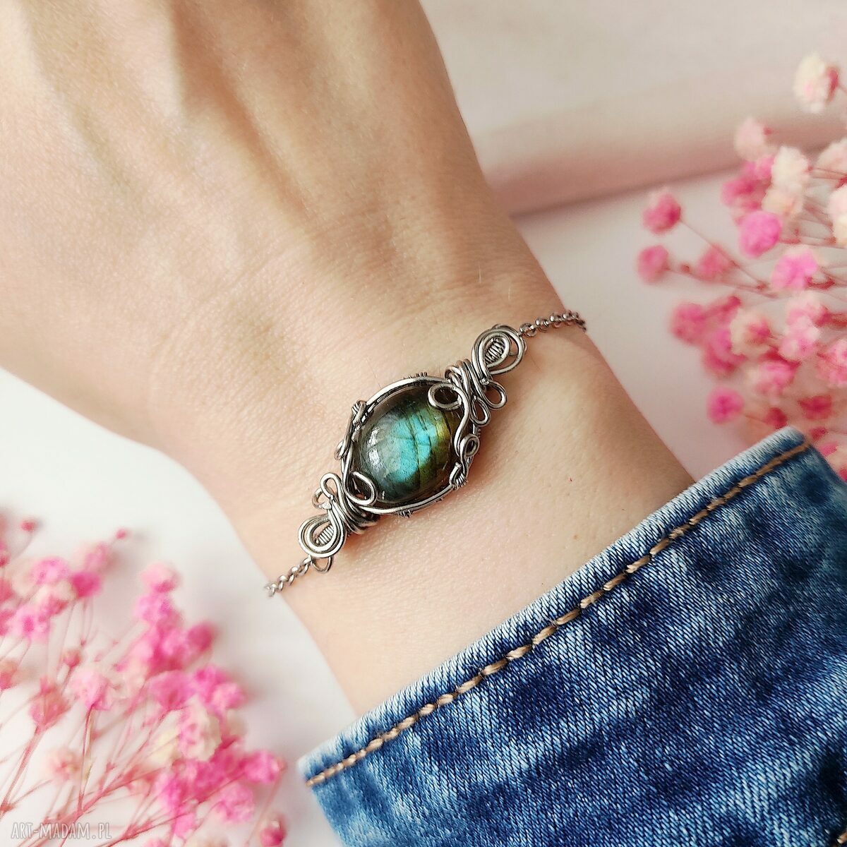 Bransoletka Labradoryt ze stali chirurgicznej - handmade wire wrapping, regulowana