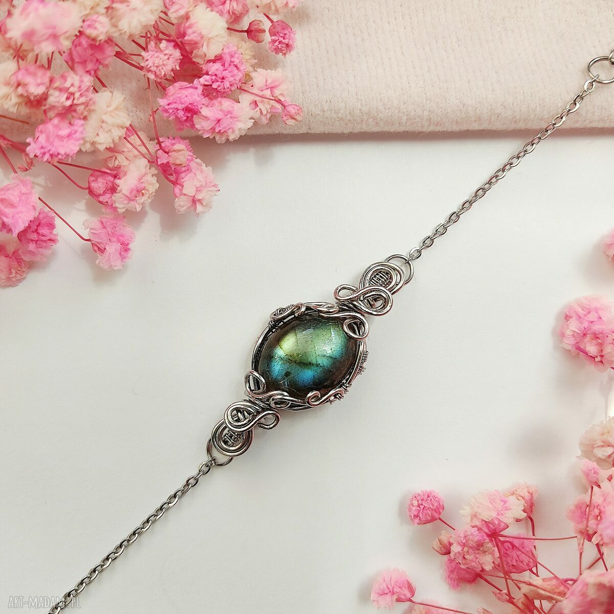 Bransoletka z labradorytem ze stali chirurgicznej - handmade wire wrapping