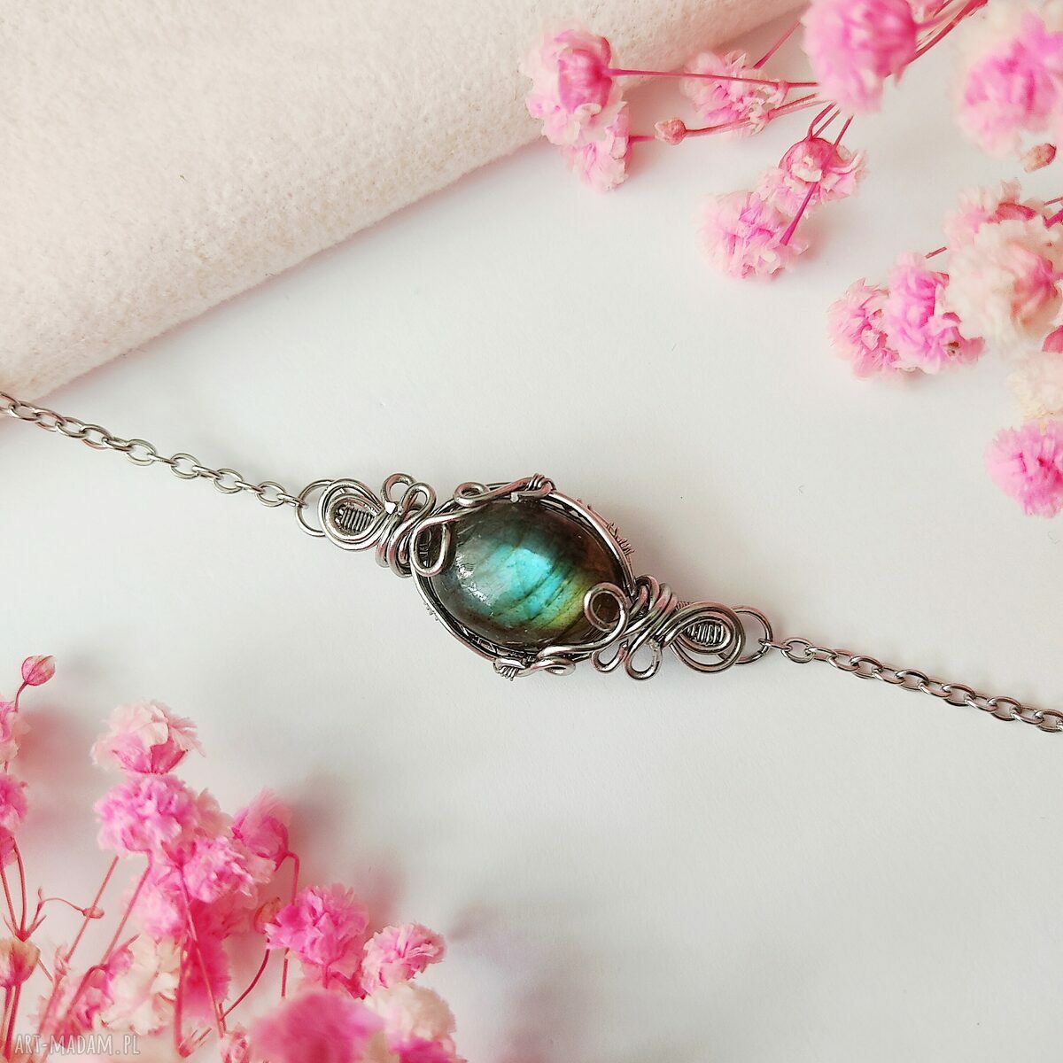 Bransoletka Labradoryt ze stali chirurgicznej - handmade wire wrapping, regulowana