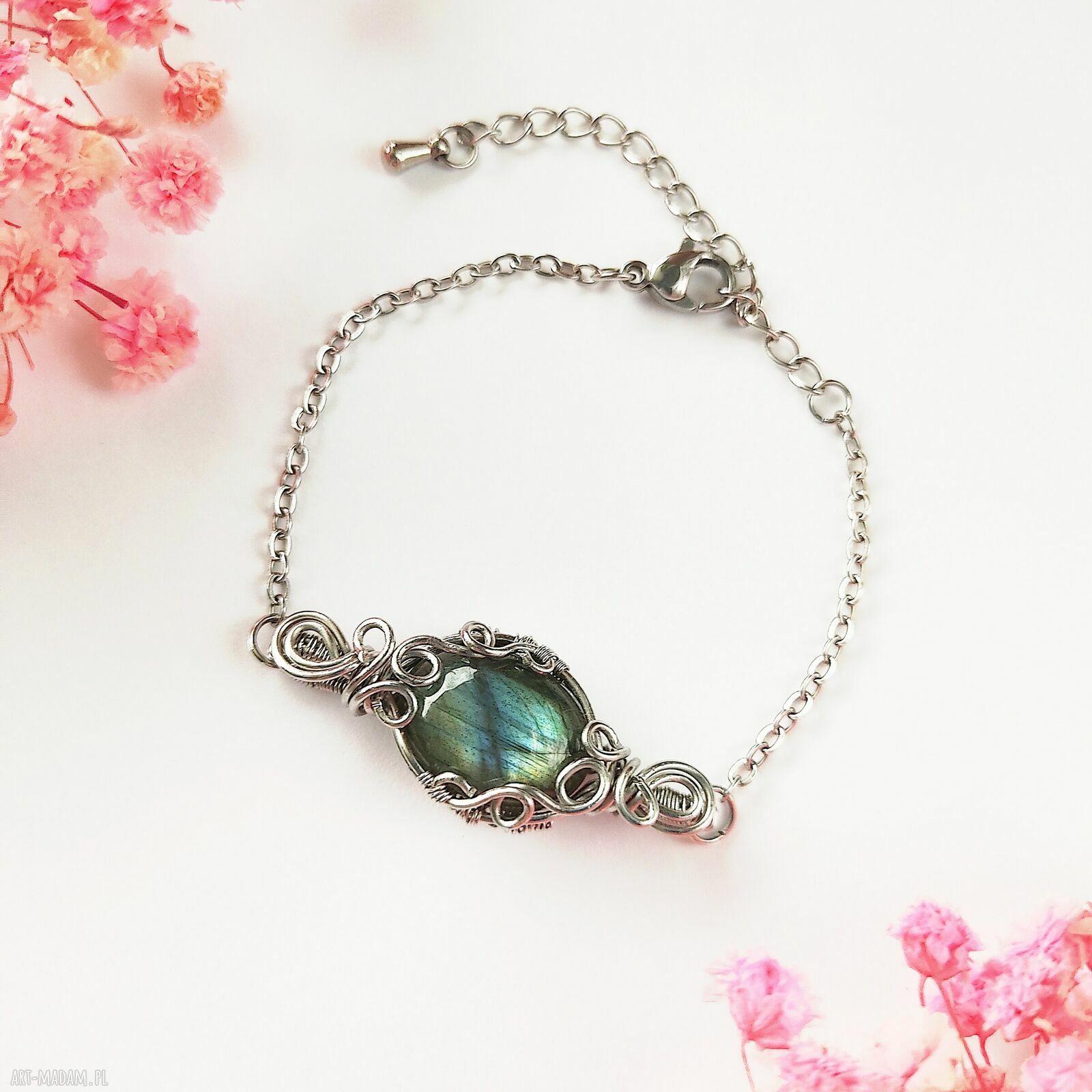 Bransoletka z labradorytem i stali chirurgicznej - handmade wire wrapping