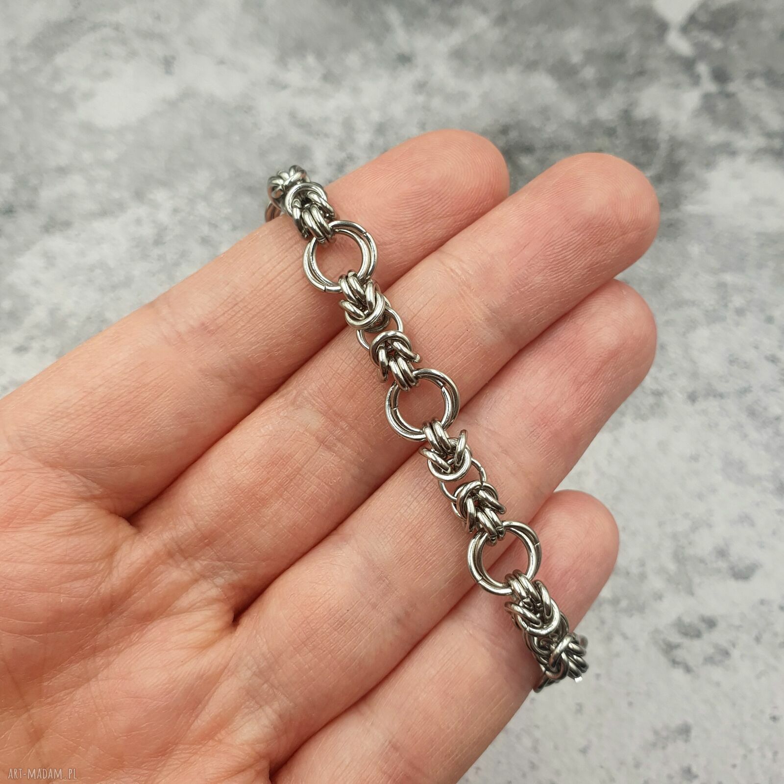 Bransoletka chainmaille ze stali szlachetnej - ażurowe koła
