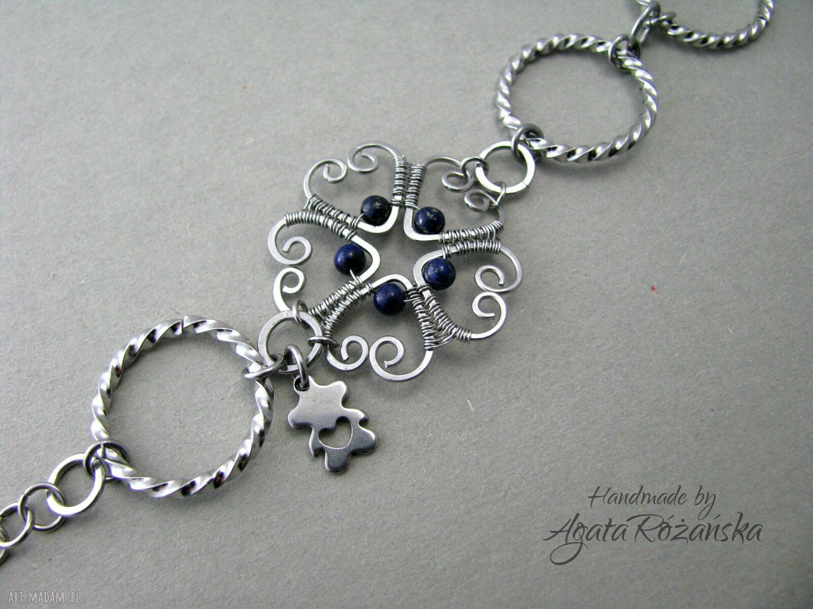 Bransoletka Lapis Lazuli ze stali chirurgicznej - wire wrapping
